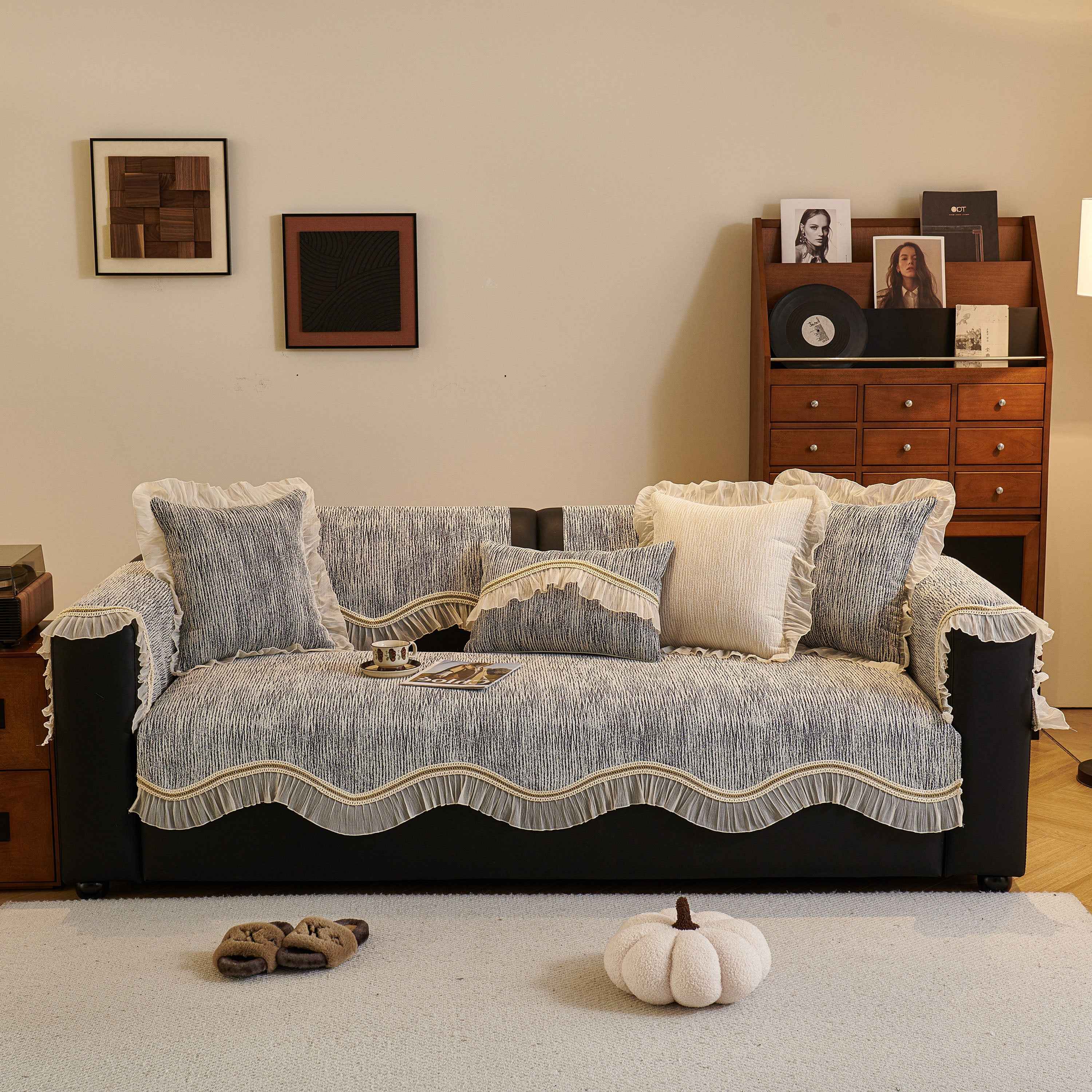 French Vintage Style Couch Cover with Skirt,  Non-Slip Sectional Furniture Covers