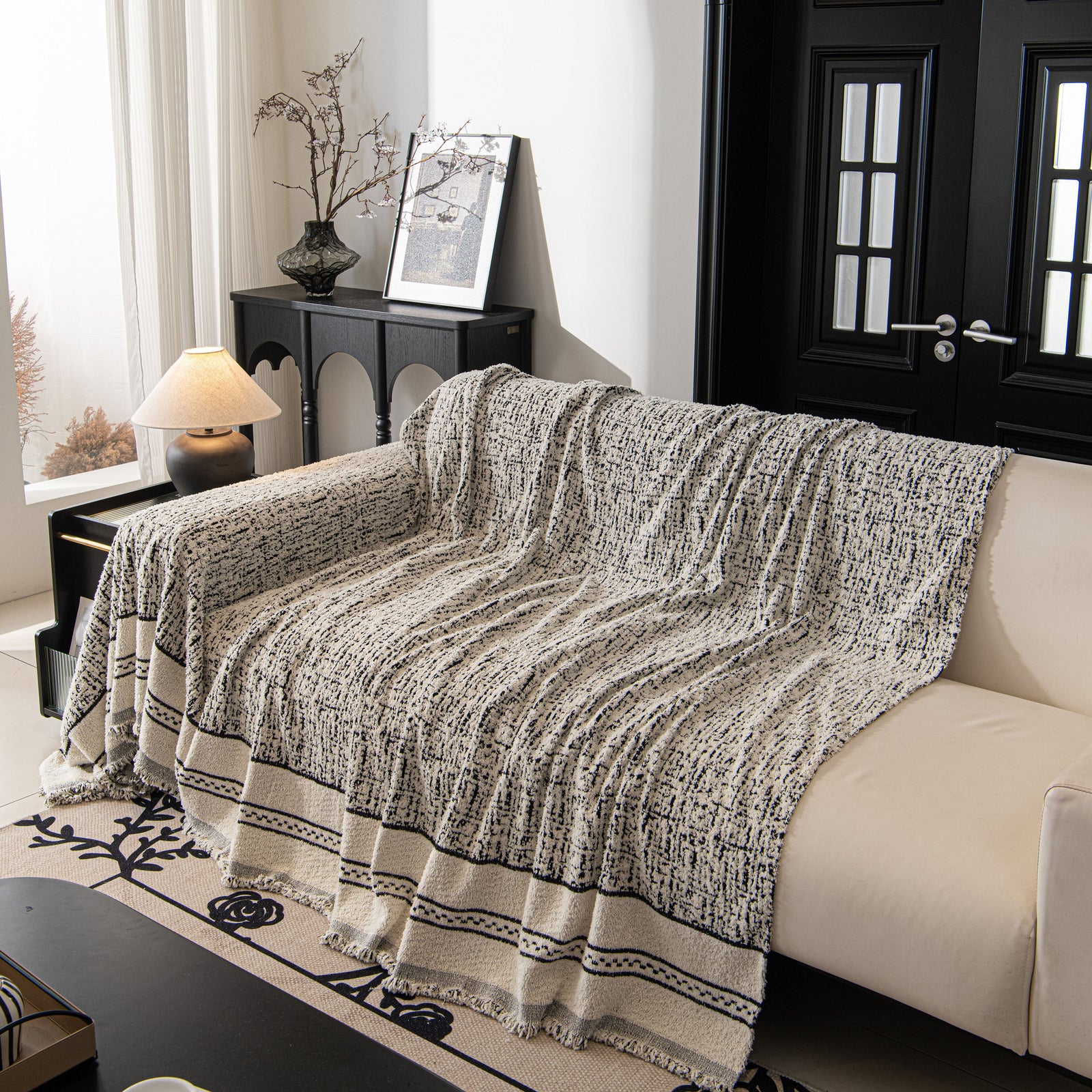 Textured Woven Furniture Protector for Couch, Rustic Farmhouse Sofa Throw Blanket