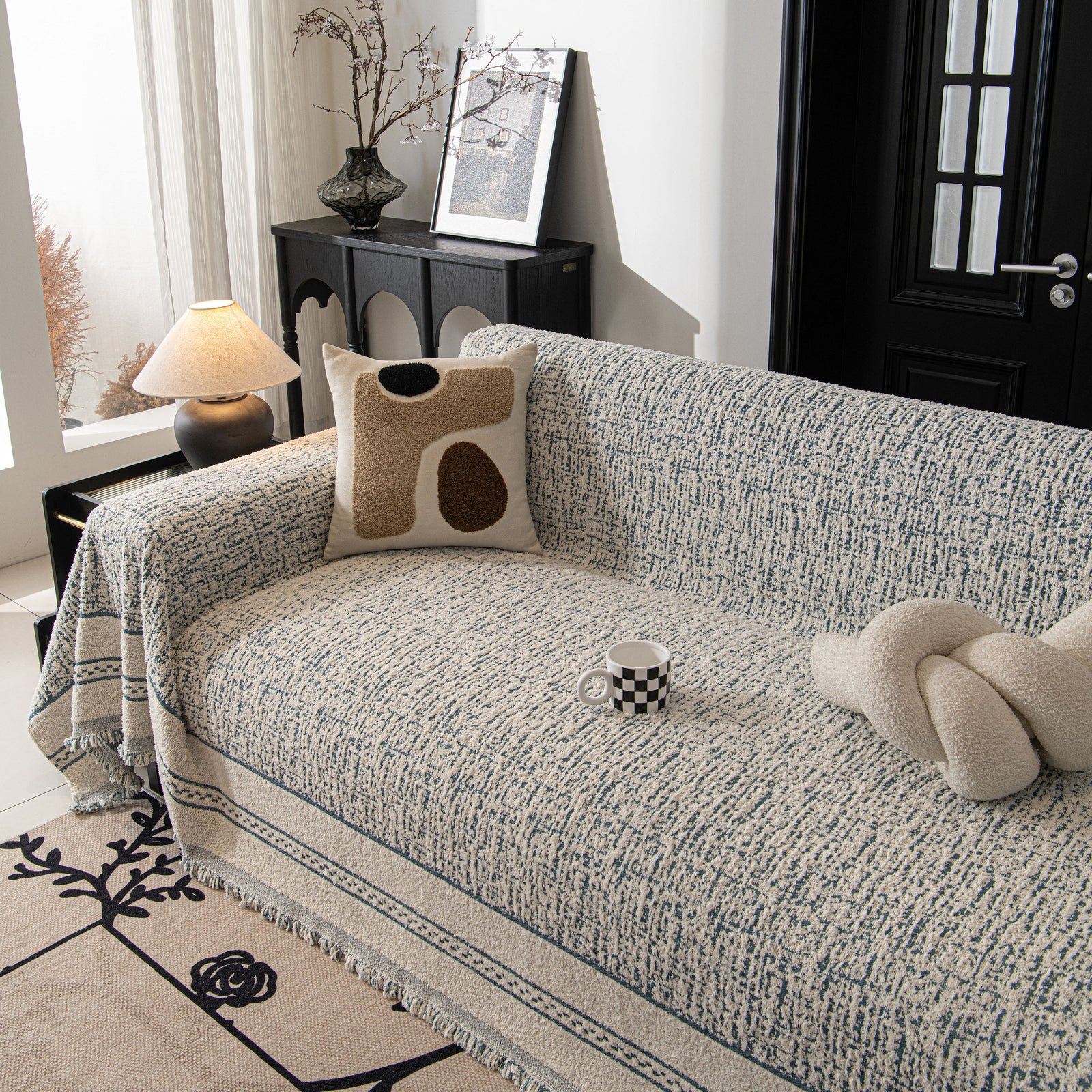 Textured Woven Furniture Protector for Couch, Rustic Farmhouse Sofa Throw Blanket