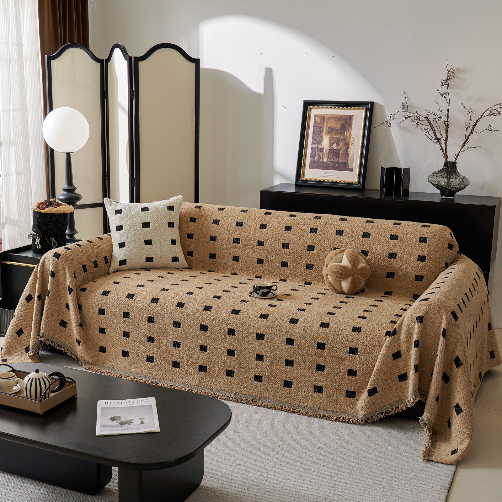 Sofa Throw Blanket with Woven Geometric Pattern & Tassels, Soft & Thick Couch Cover