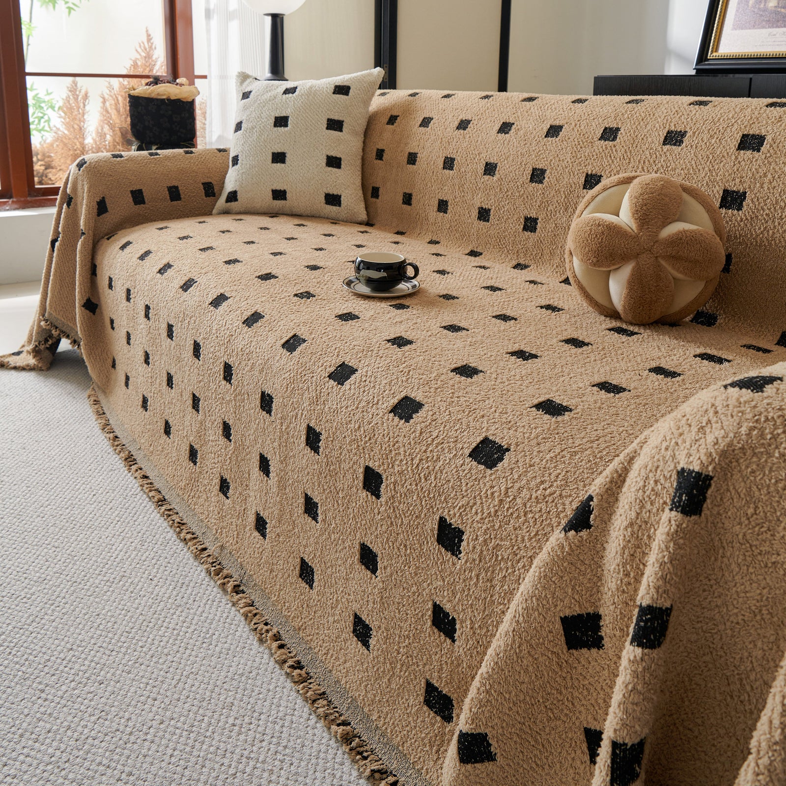 Sofa Throw Blanket with Woven Geometric Pattern & Tassels, Soft & Thick Couch Cover