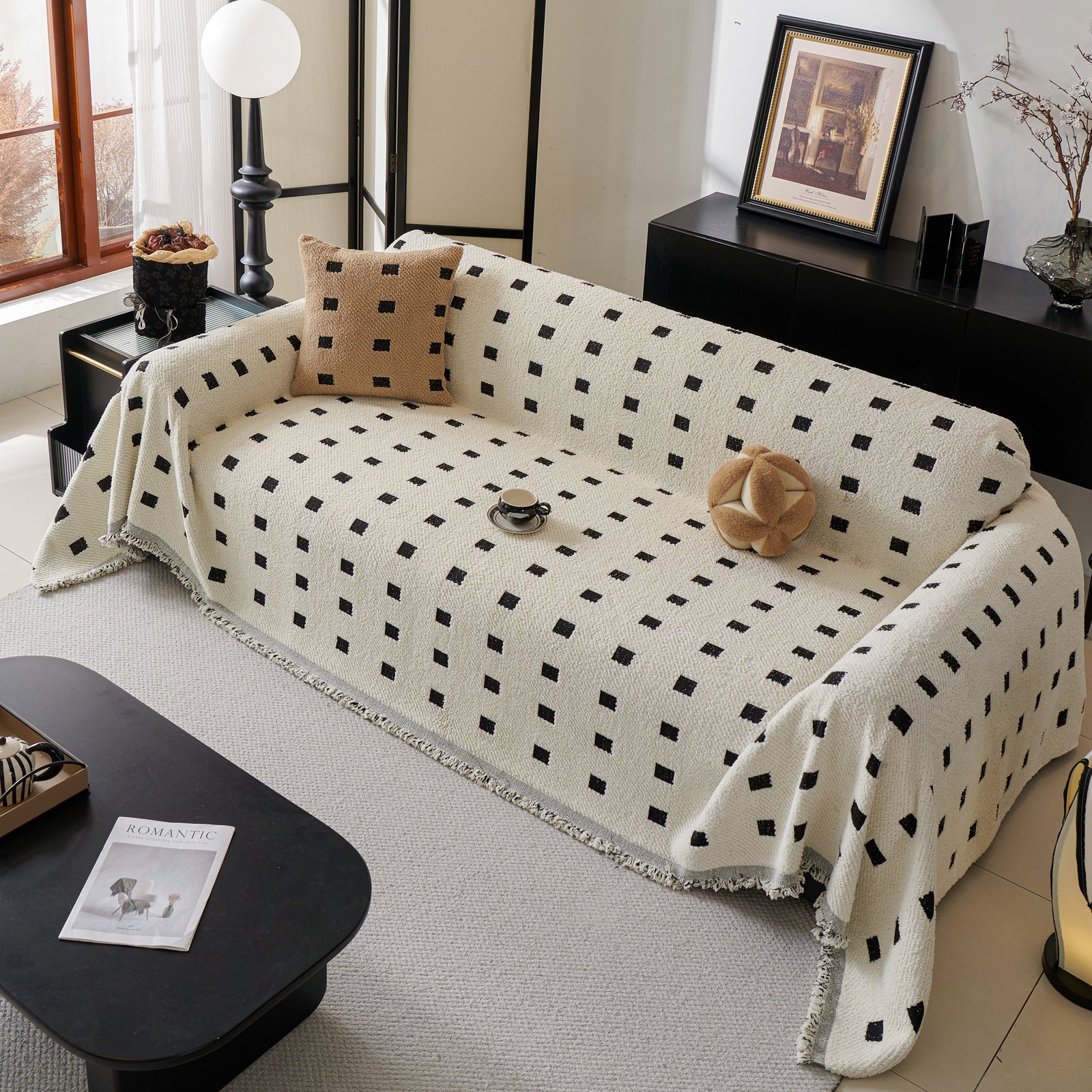 Sofa Throw Blanket with Woven Geometric Pattern & Tassels, Soft & Thick Couch Cover