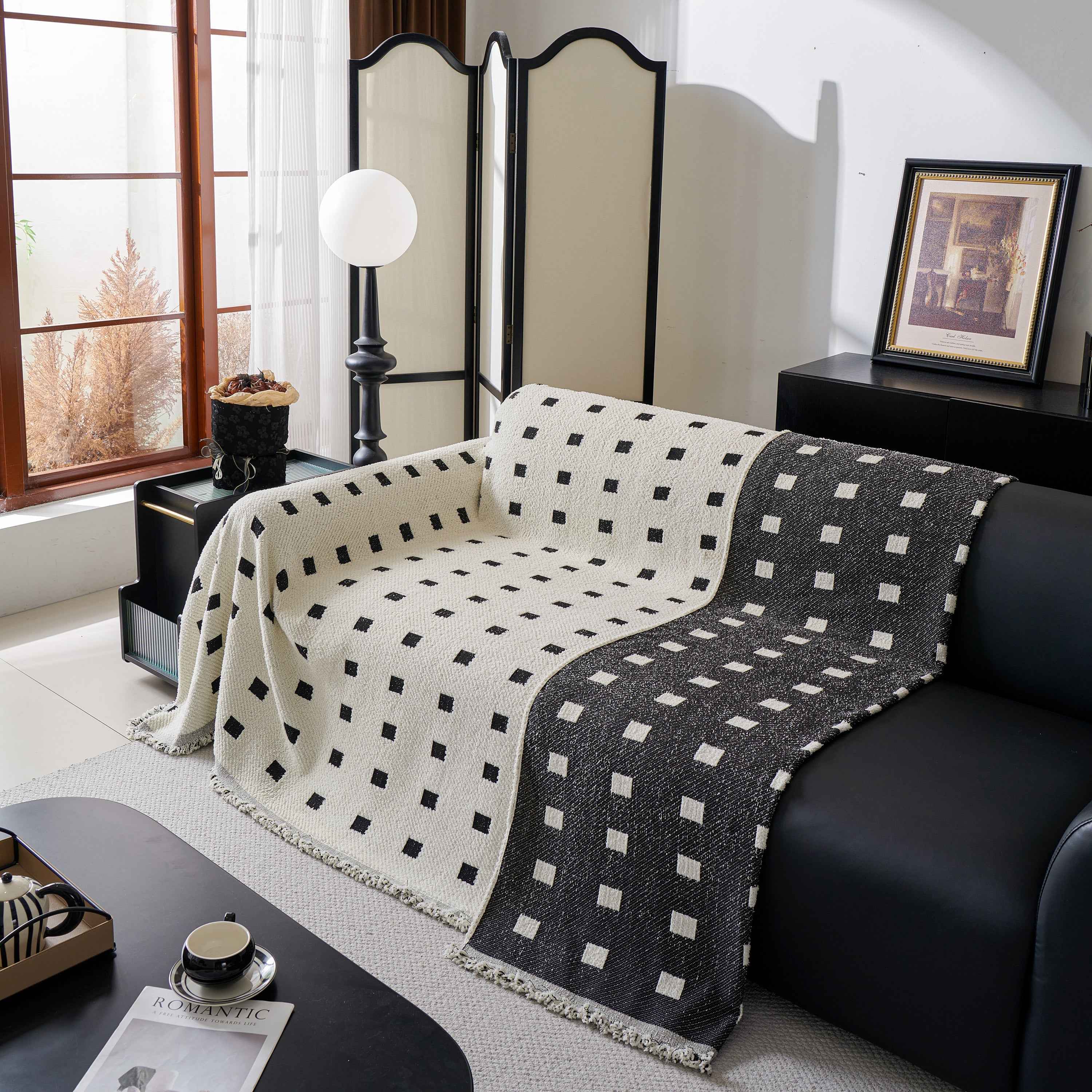 Sofa Throw Blanket with Woven Geometric Pattern & Tassels, Soft & Thick Couch Cover