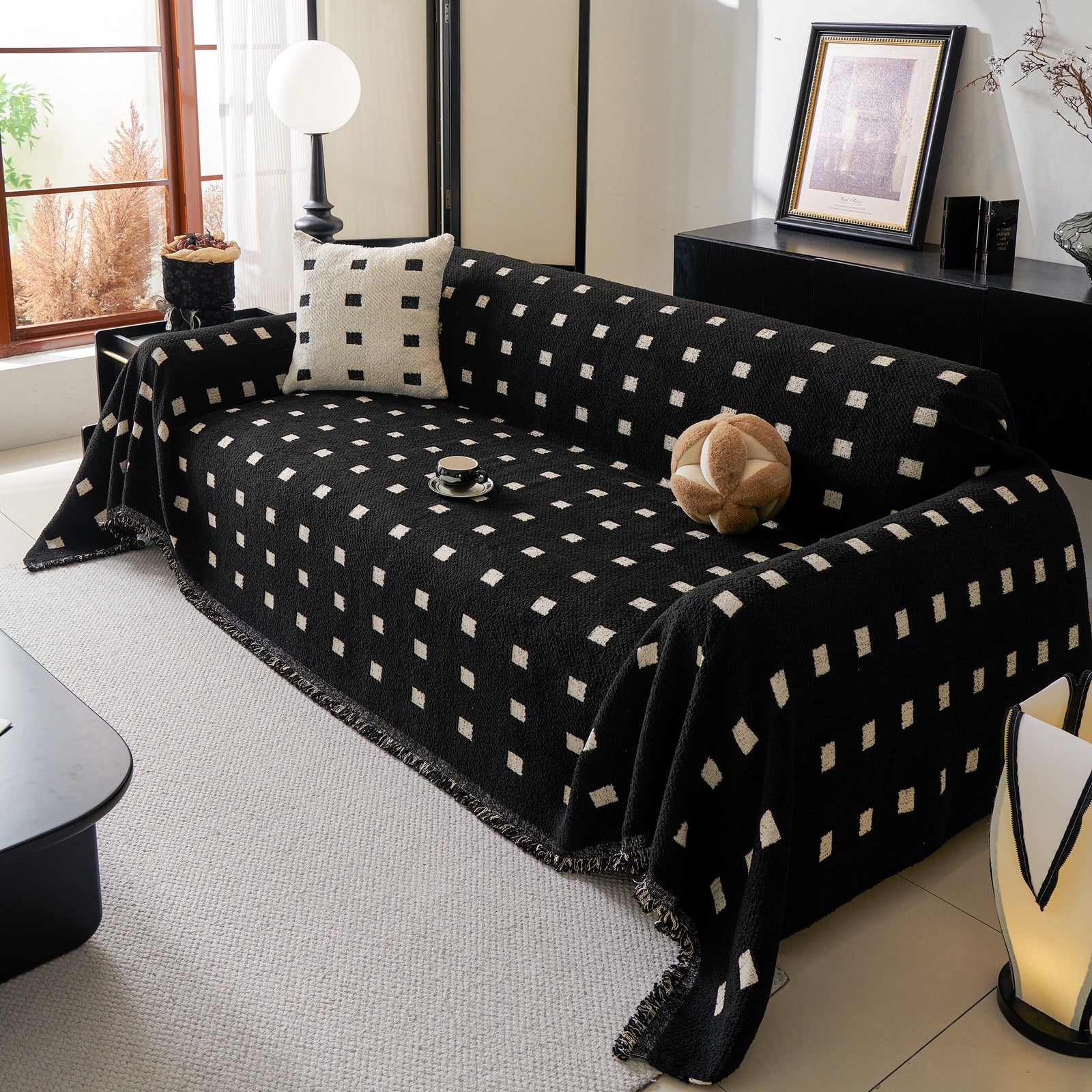 Sofa Throw Blanket with Woven Geometric Pattern & Tassels, Soft & Thick Couch Cover