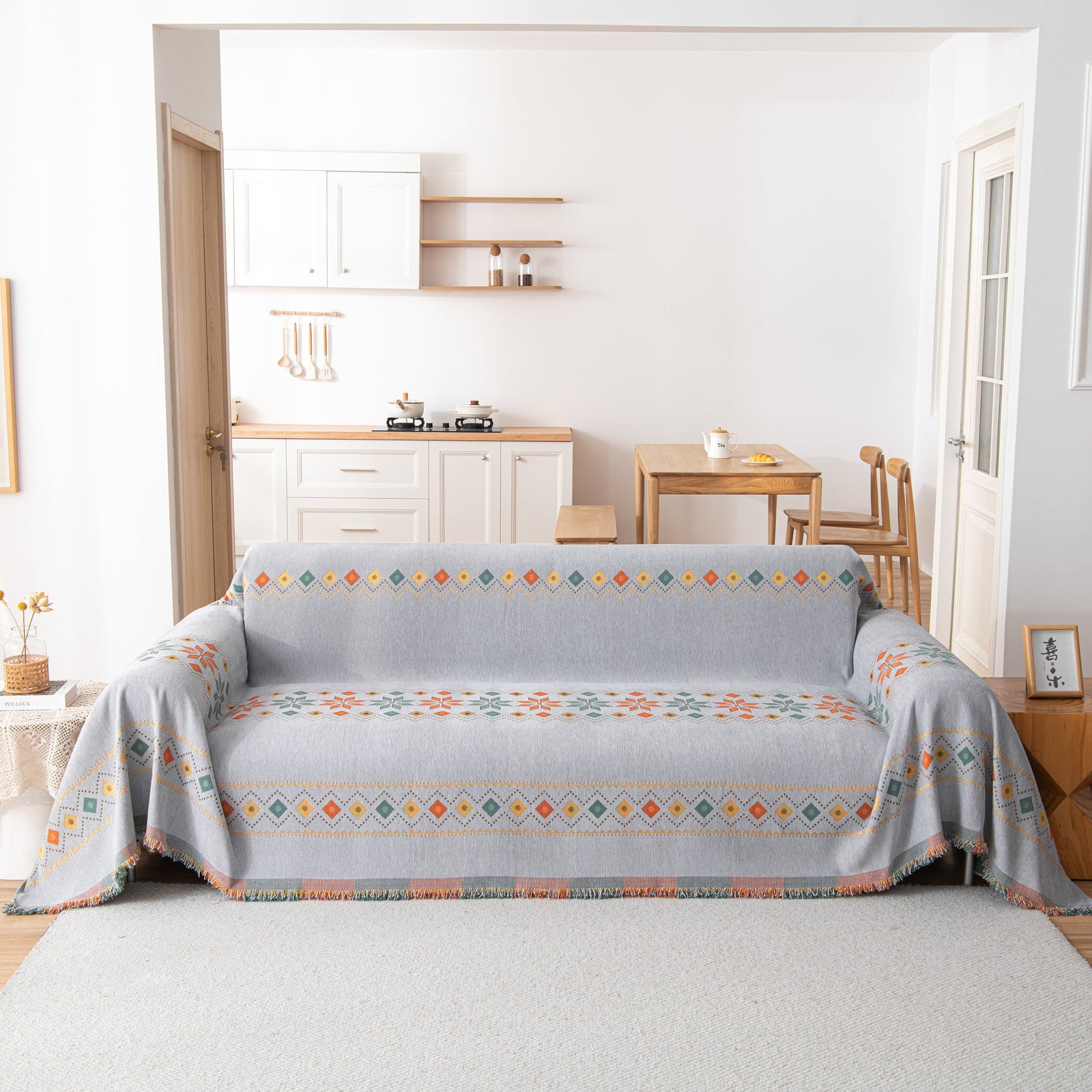 Bohemian Geometric Sofa Throw Cover, Cozy & Protective Ethnic-Inspired Couch Cover