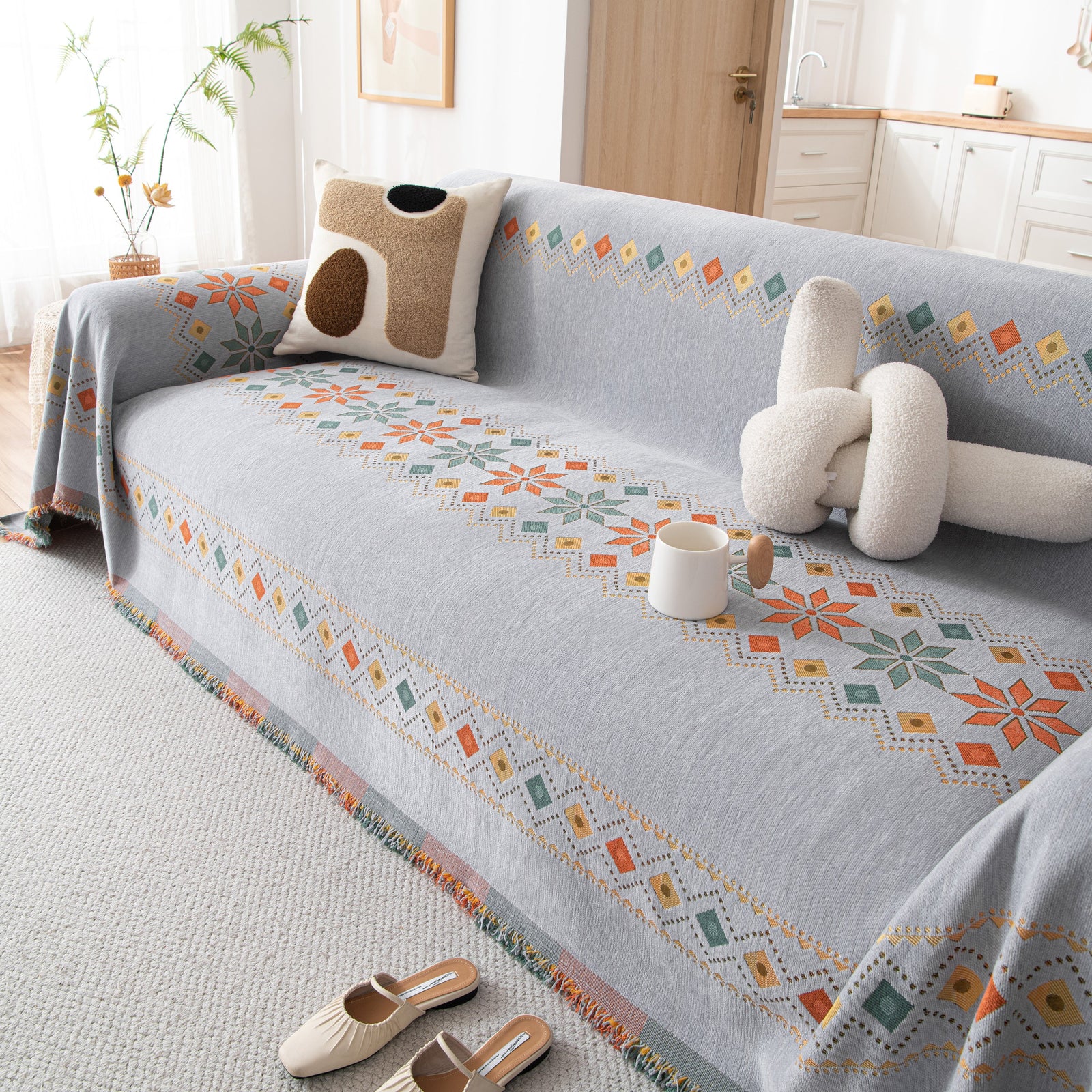 Bohemian Geometric Sofa Throw Cover, Cozy & Protective Ethnic-Inspired Couch Cover