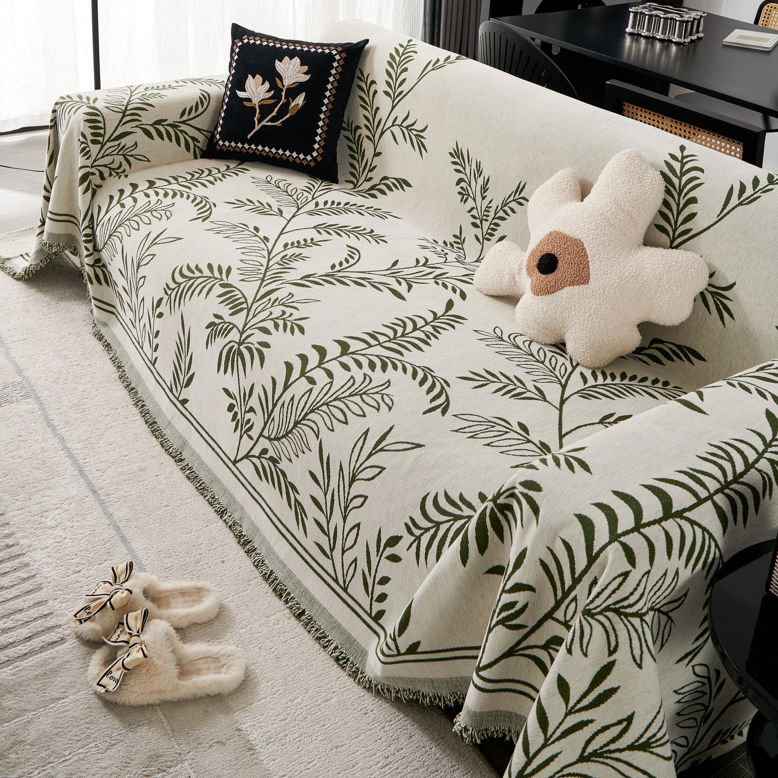 Modern Minimalist Chenille Willow Leaf Pattern Couch Cover Blanket, Luxurious Blankets for The Sofa