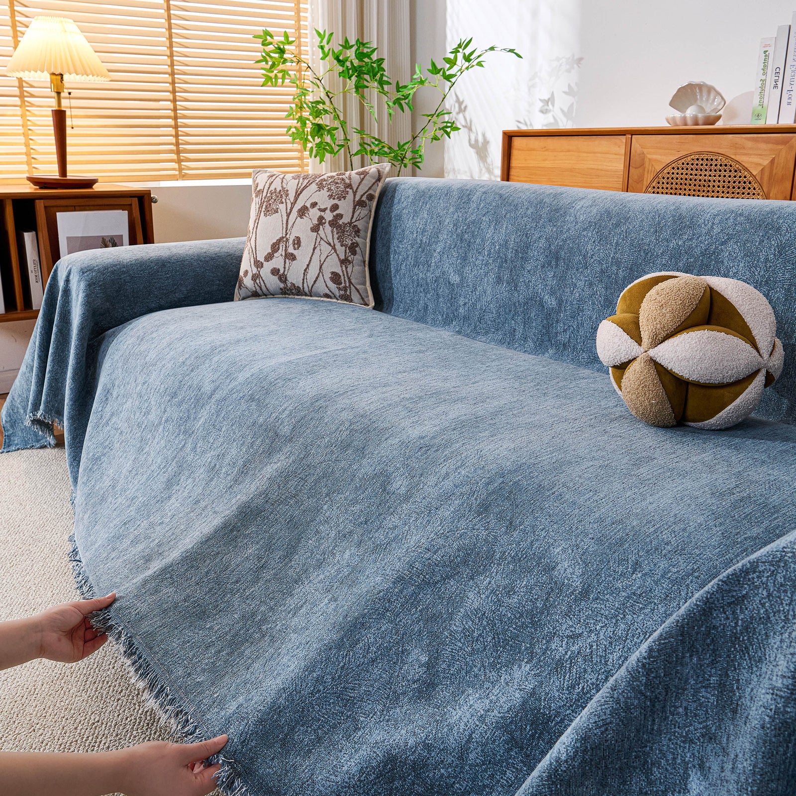 Cozy Textured Couch Protector with Fringe, Universal Soft Slipcover for Couch Sofa Bed