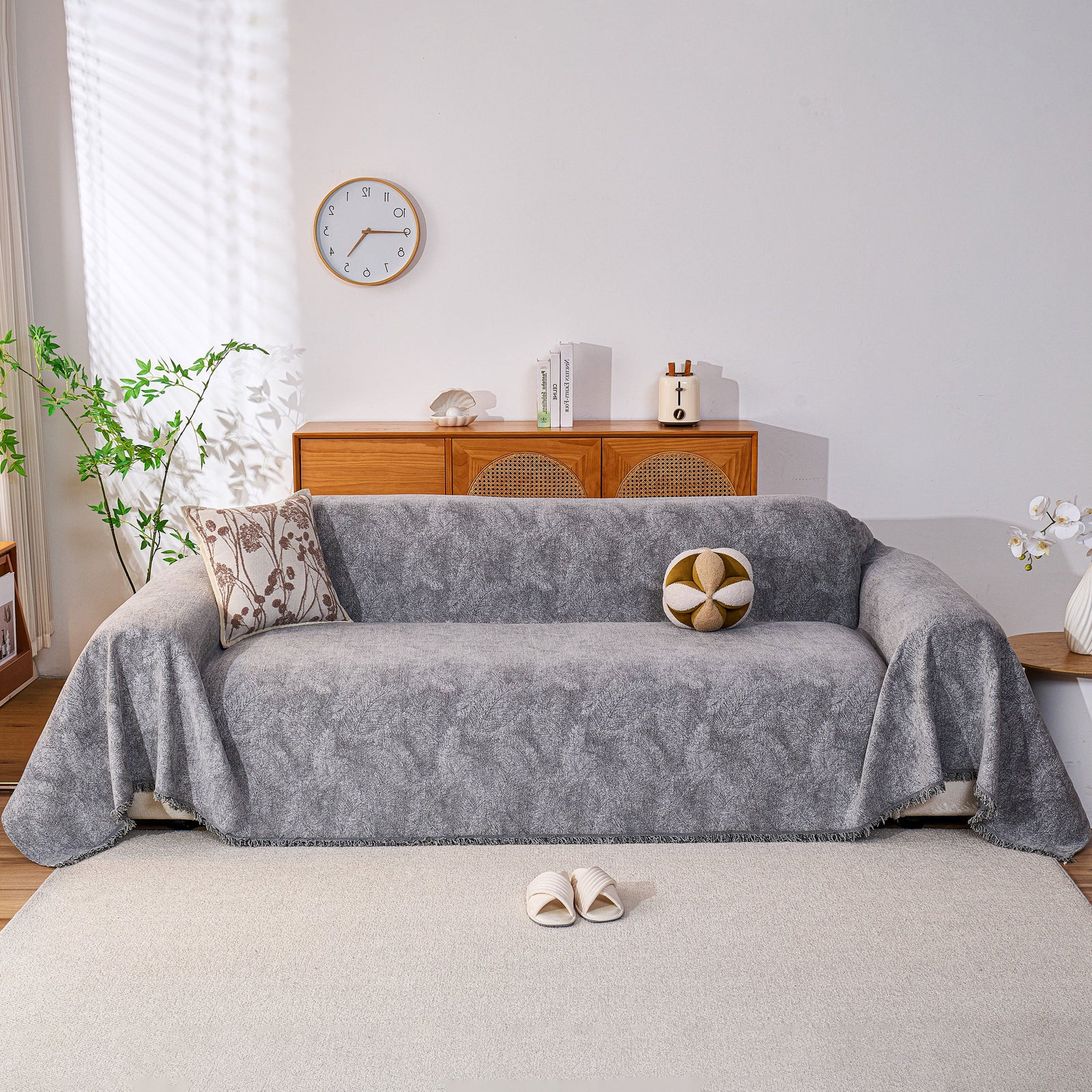 Cozy Textured Couch Protector with Fringe, Universal Soft Slipcover for Couch Sofa Bed