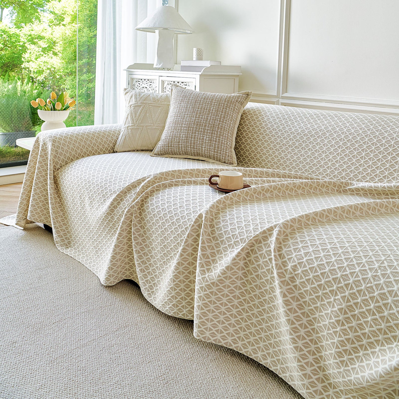 Fresh Geometric Sofa Throw Cover, Modern Textured Breathable Couch Protector Blanket