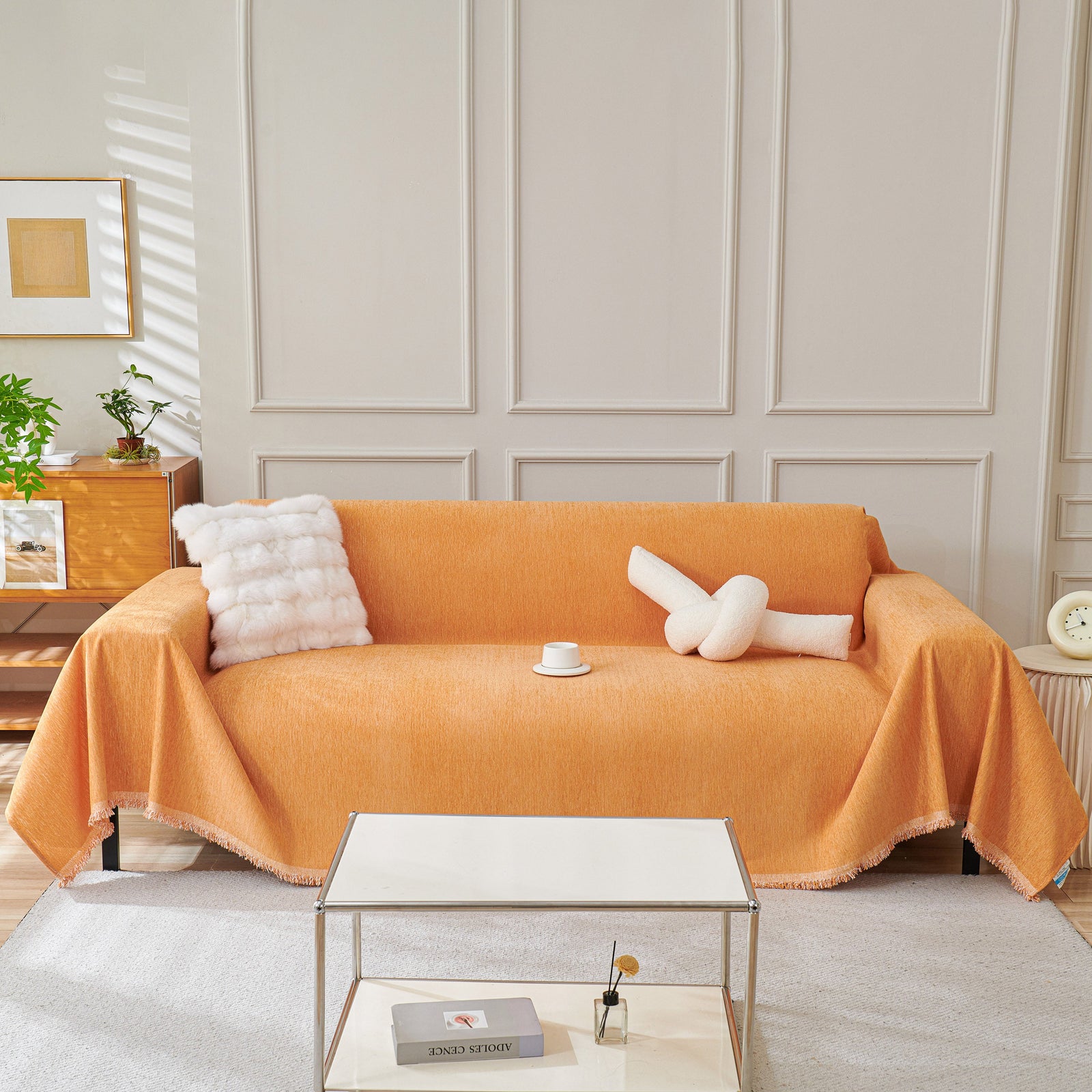 Solid Color Chenille Sofa Throw Blanket, Cozy & Easy Care Fringed Furniture Protector