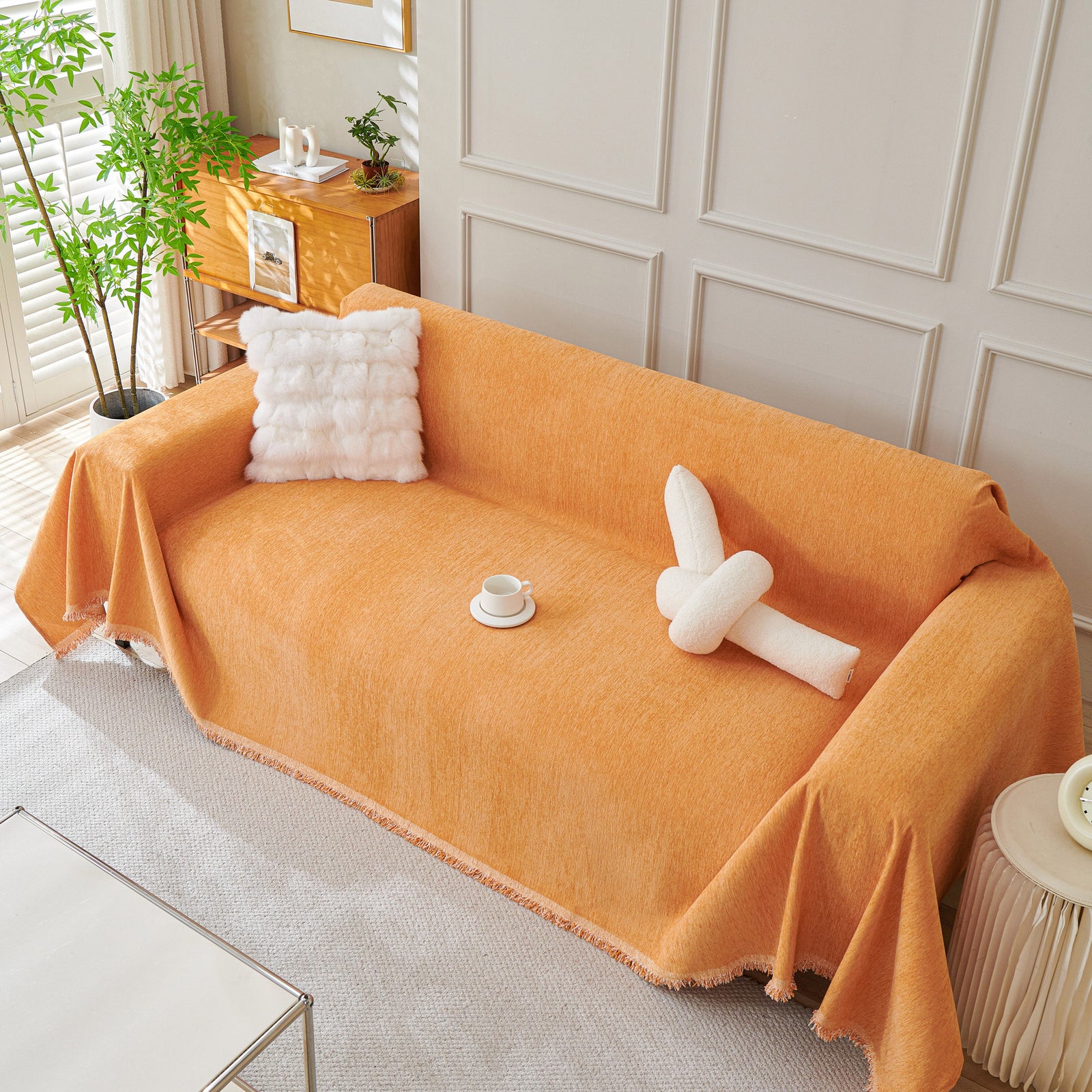 Solid Color Chenille Sofa Throw Blanket, Cozy & Easy Care Fringed Furniture Protector