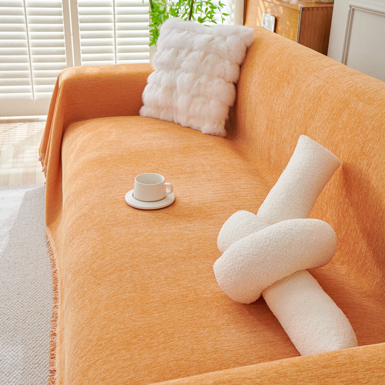 Solid Color Chenille Sofa Throw Blanket, Cozy & Easy Care Fringed Furniture Protector