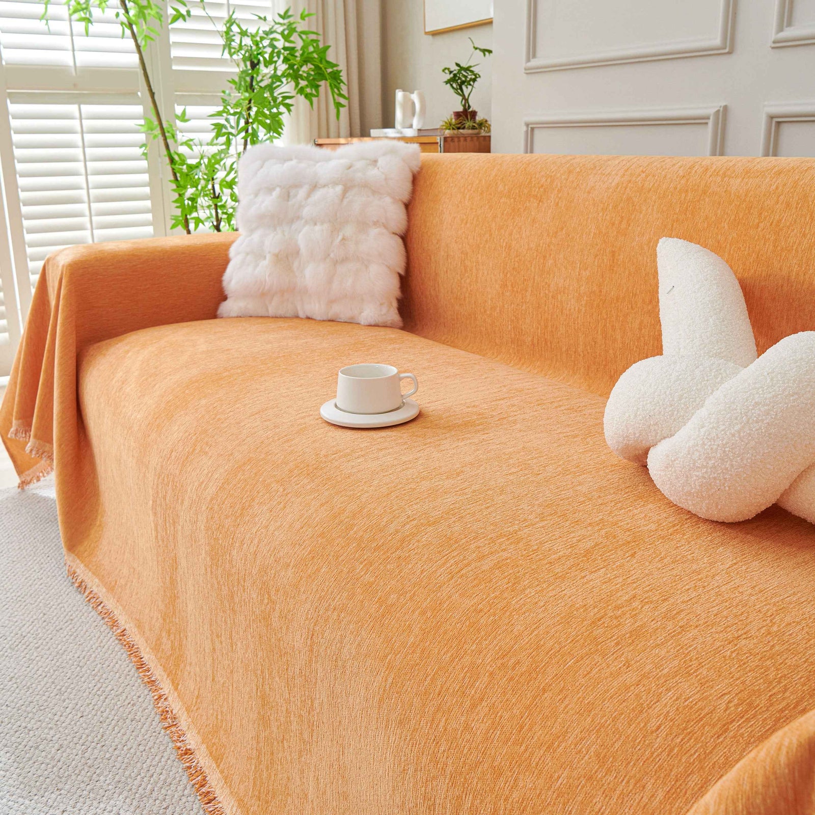 Solid Color Chenille Sofa Throw Blanket, Cozy & Easy Care Fringed Furniture Protector