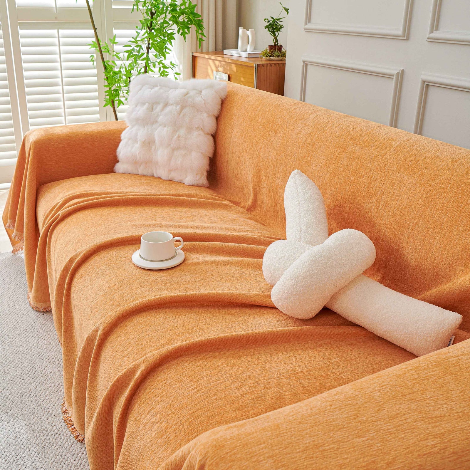 Solid Color Chenille Sofa Throw Blanket, Cozy & Easy Care Fringed Furniture Protector