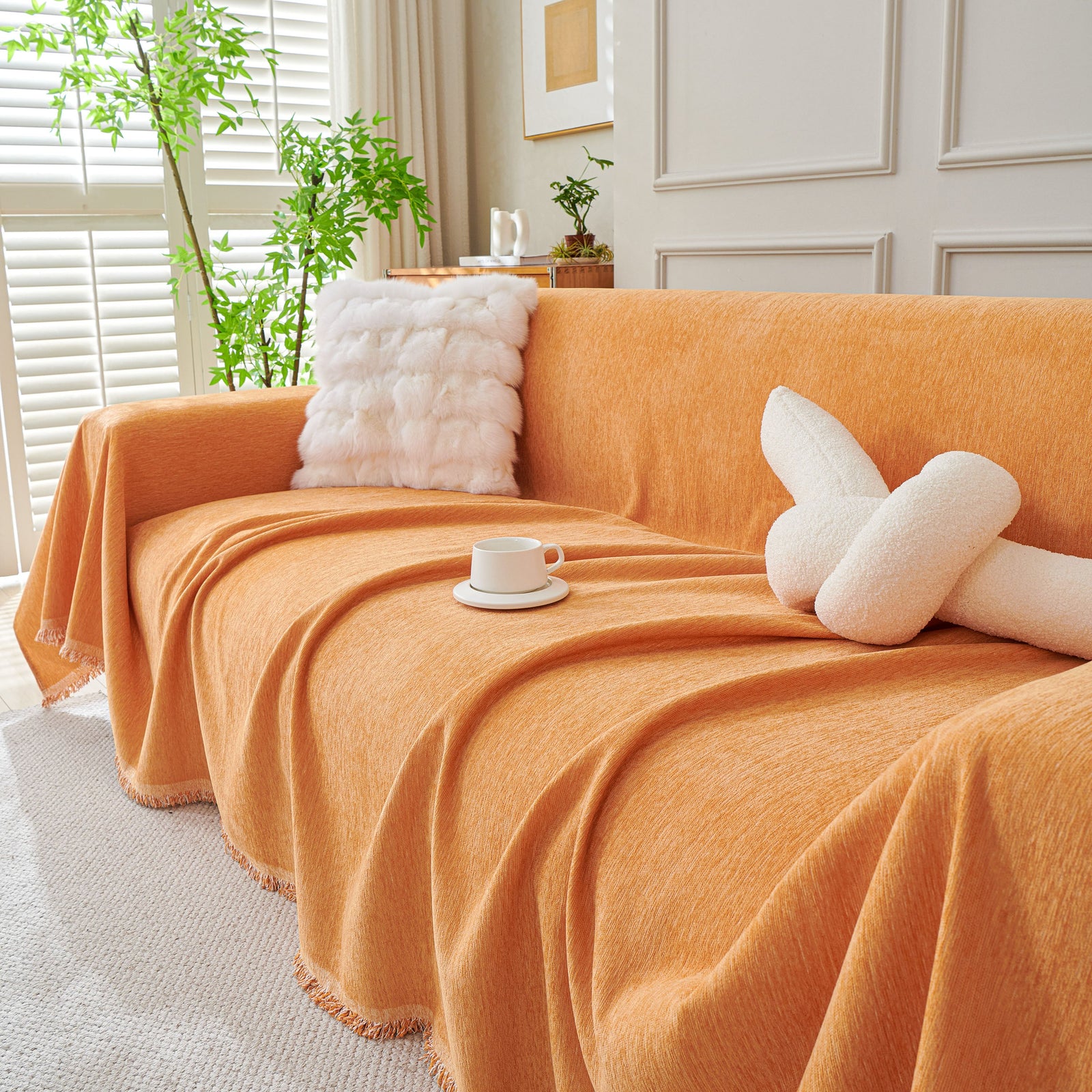 Solid Color Chenille Sofa Throw Blanket, Cozy & Easy Care Fringed Furniture Protector