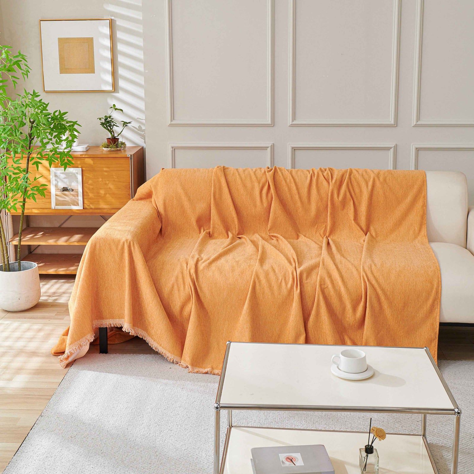 Solid Color Chenille Sofa Throw Blanket, Cozy & Easy Care Fringed Furniture Protector