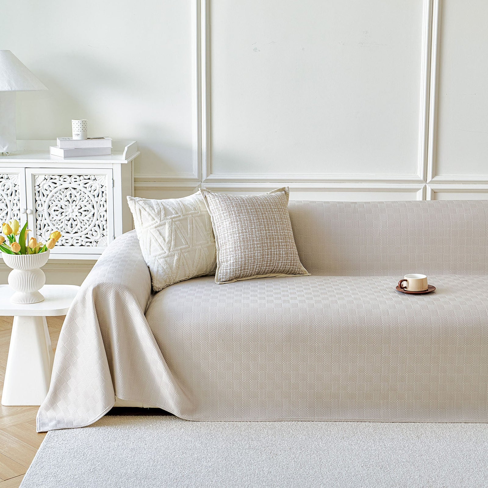 Cooling Ice Silk Soft Sofa Cover Blanket, Woven Geometric Textured Modern Couch Cover