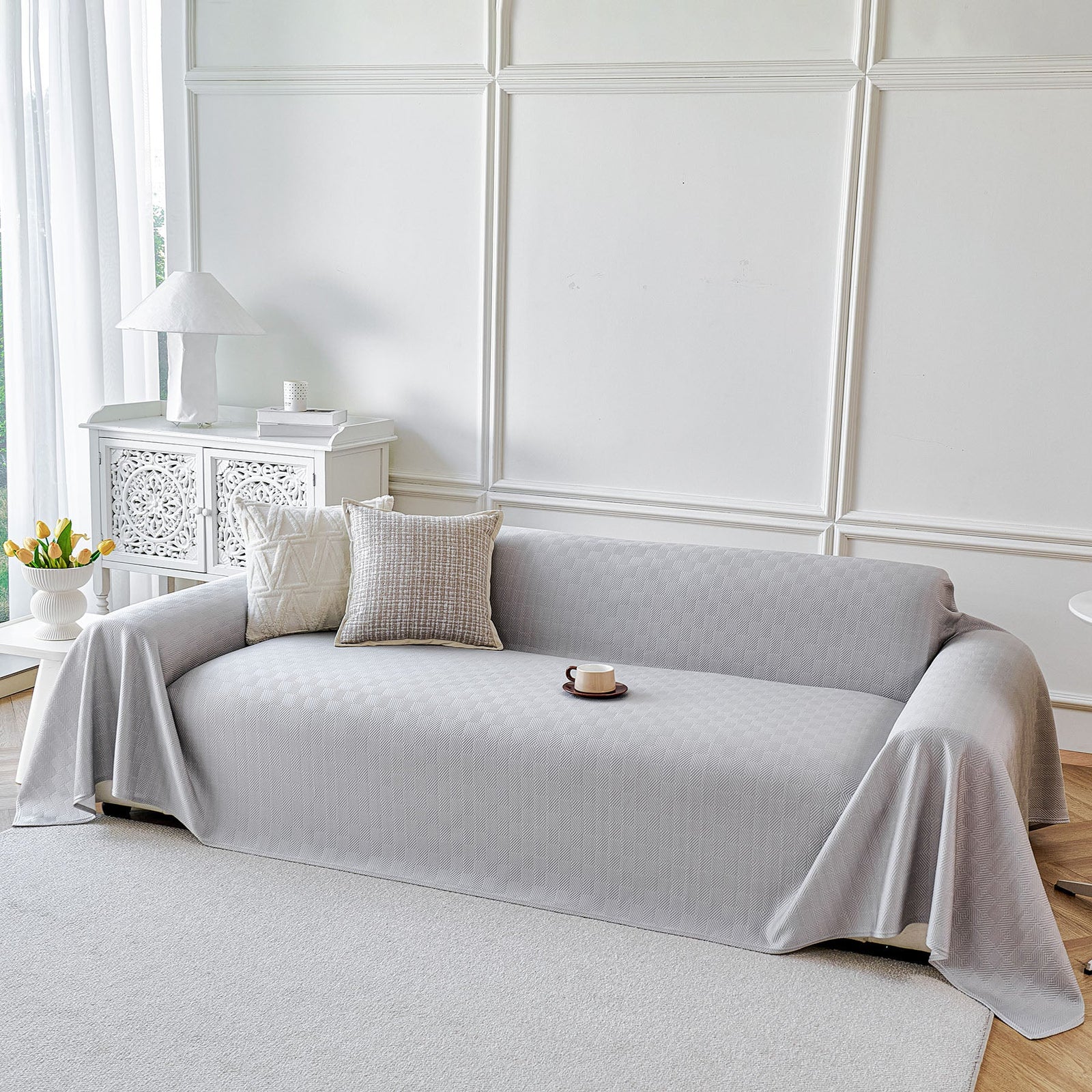 Cooling Ice Silk Soft Sofa Cover Blanket, Woven Geometric Textured Modern Couch Cover