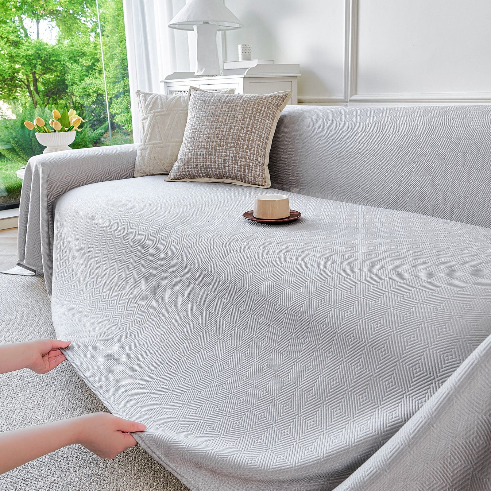 Cooling Ice Silk Soft Sofa Cover Blanket, Woven Geometric Textured Modern Couch Cover