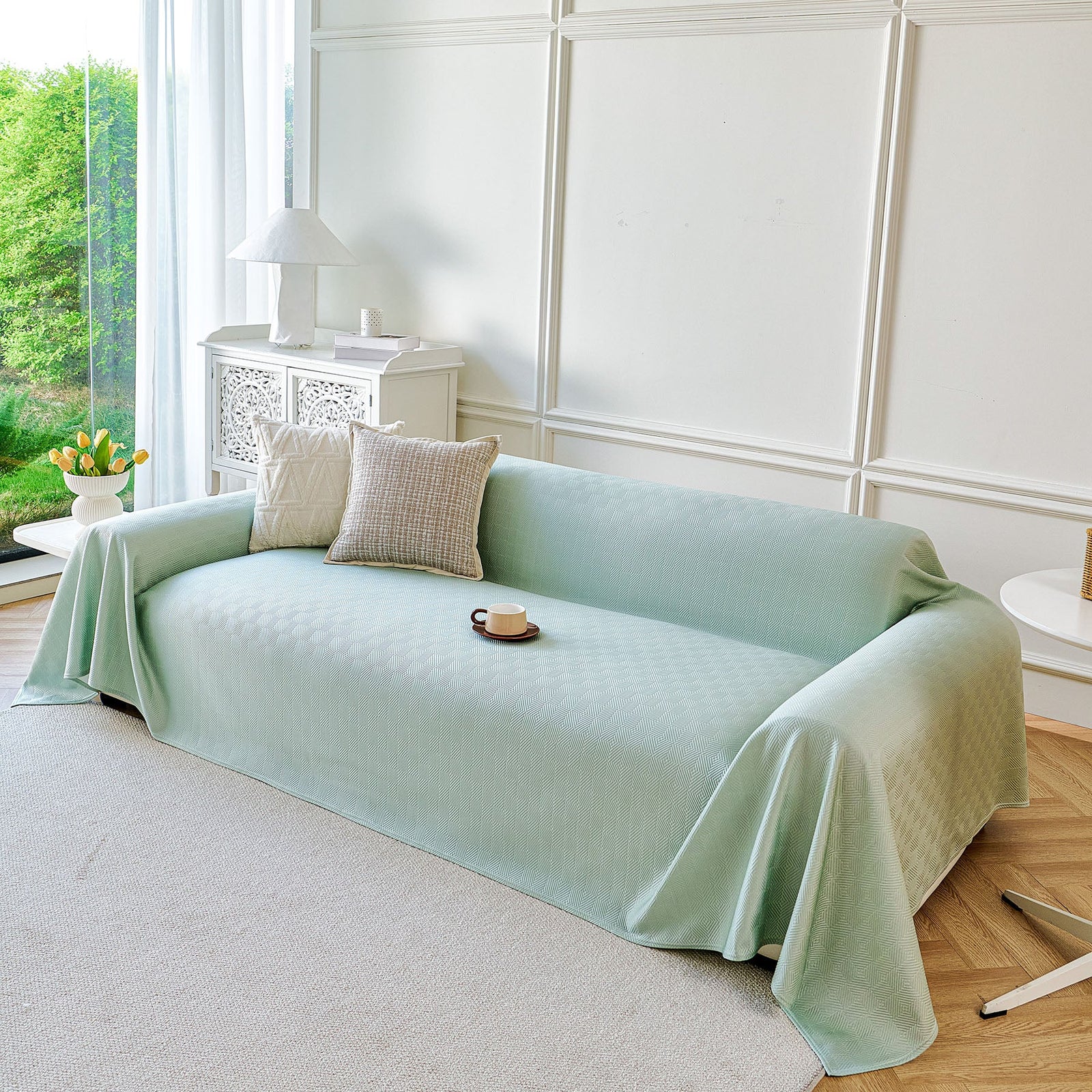 Cooling Ice Silk Soft Sofa Cover Blanket, Woven Geometric Textured Modern Couch Cover