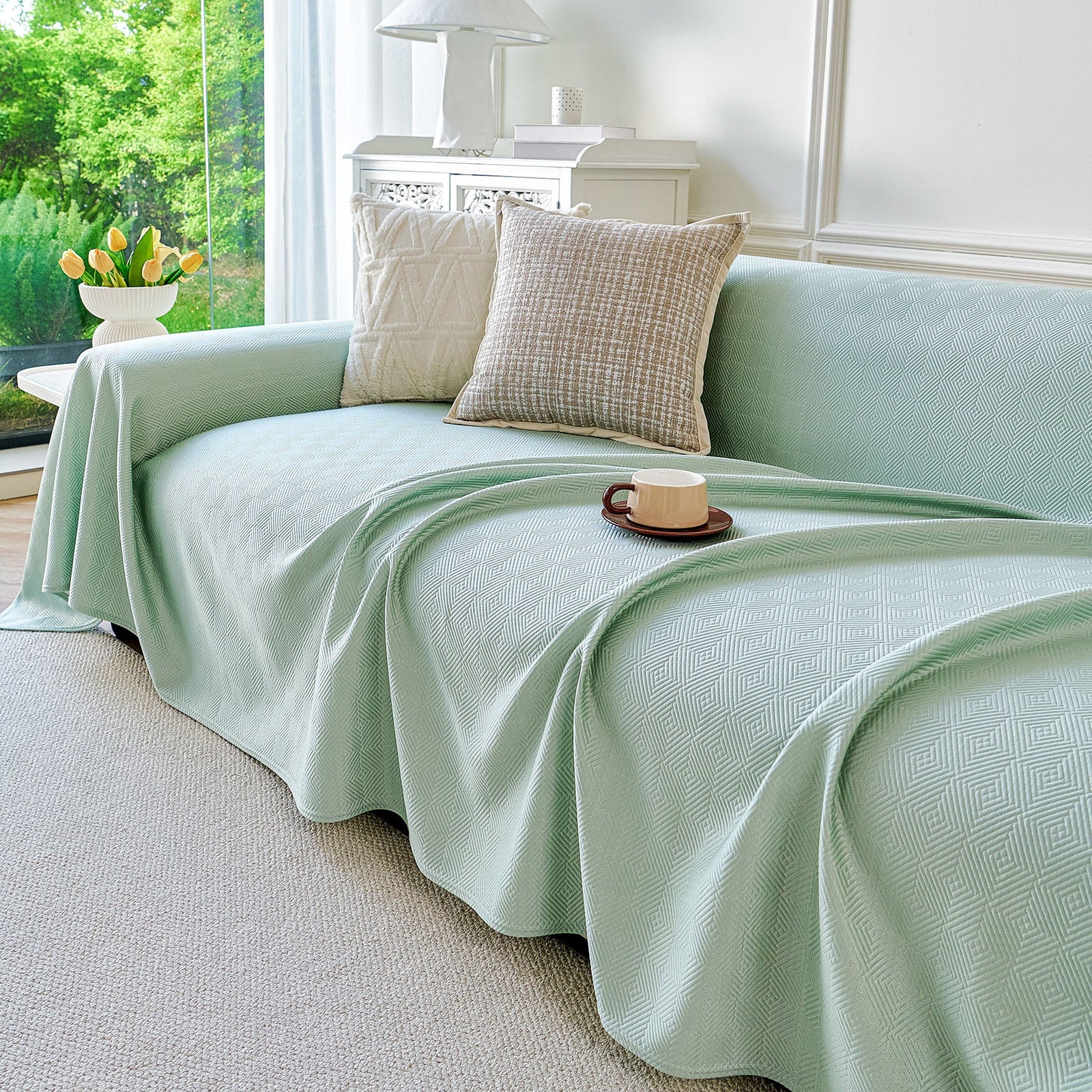 Cooling Ice Silk Soft Sofa Cover Blanket, Woven Geometric Textured Modern Couch Cover