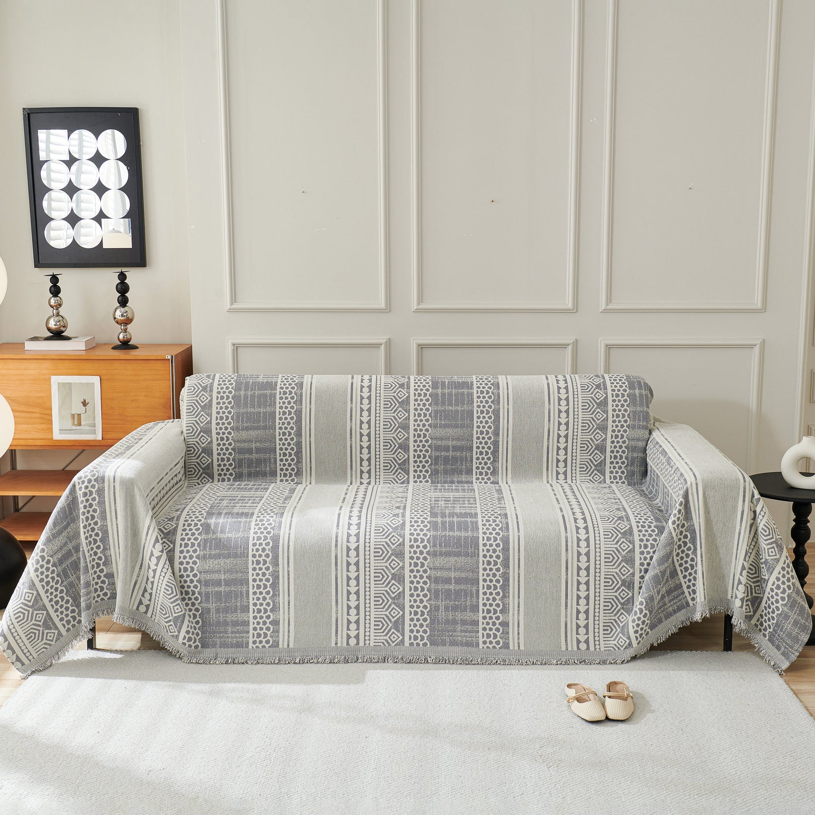 Chenille Sofa Cover Throw Blanket, Boho Geometric Scratch Proof Couch Protector