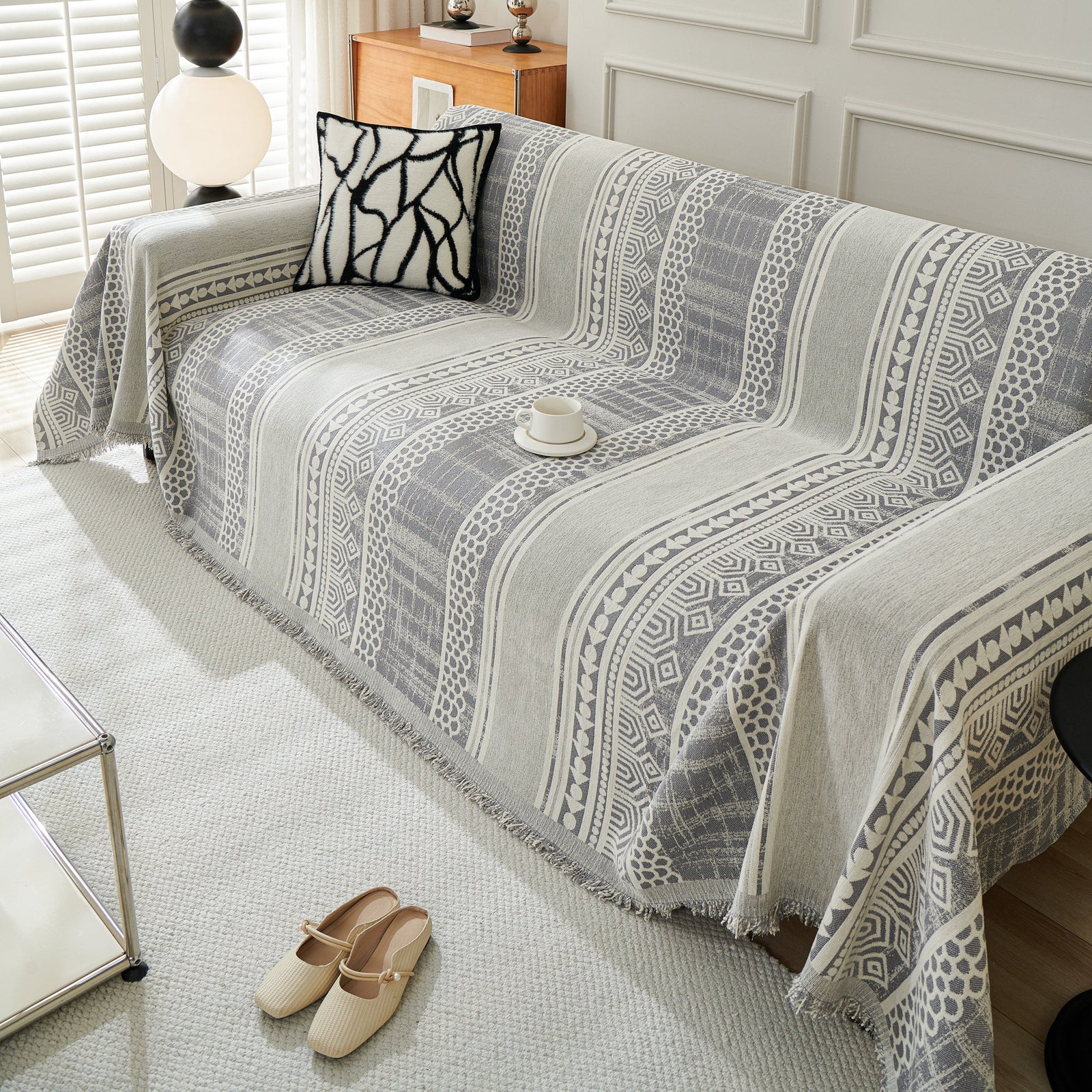 Chenille Sofa Cover Throw Blanket, Boho Geometric Scratch Proof Couch Protector