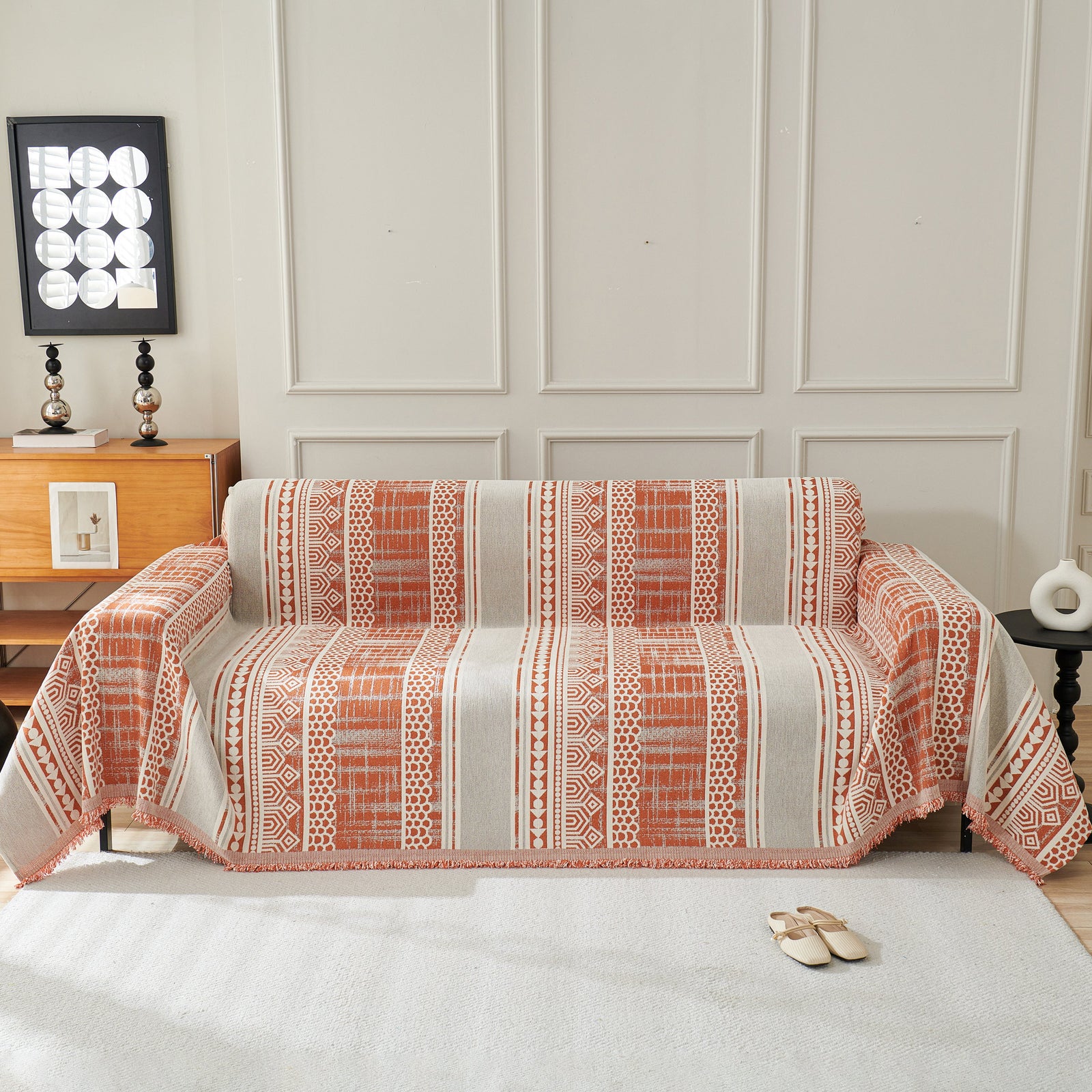 Chenille Sofa Cover Throw Blanket, Boho Geometric Scratch Proof Couch Protector