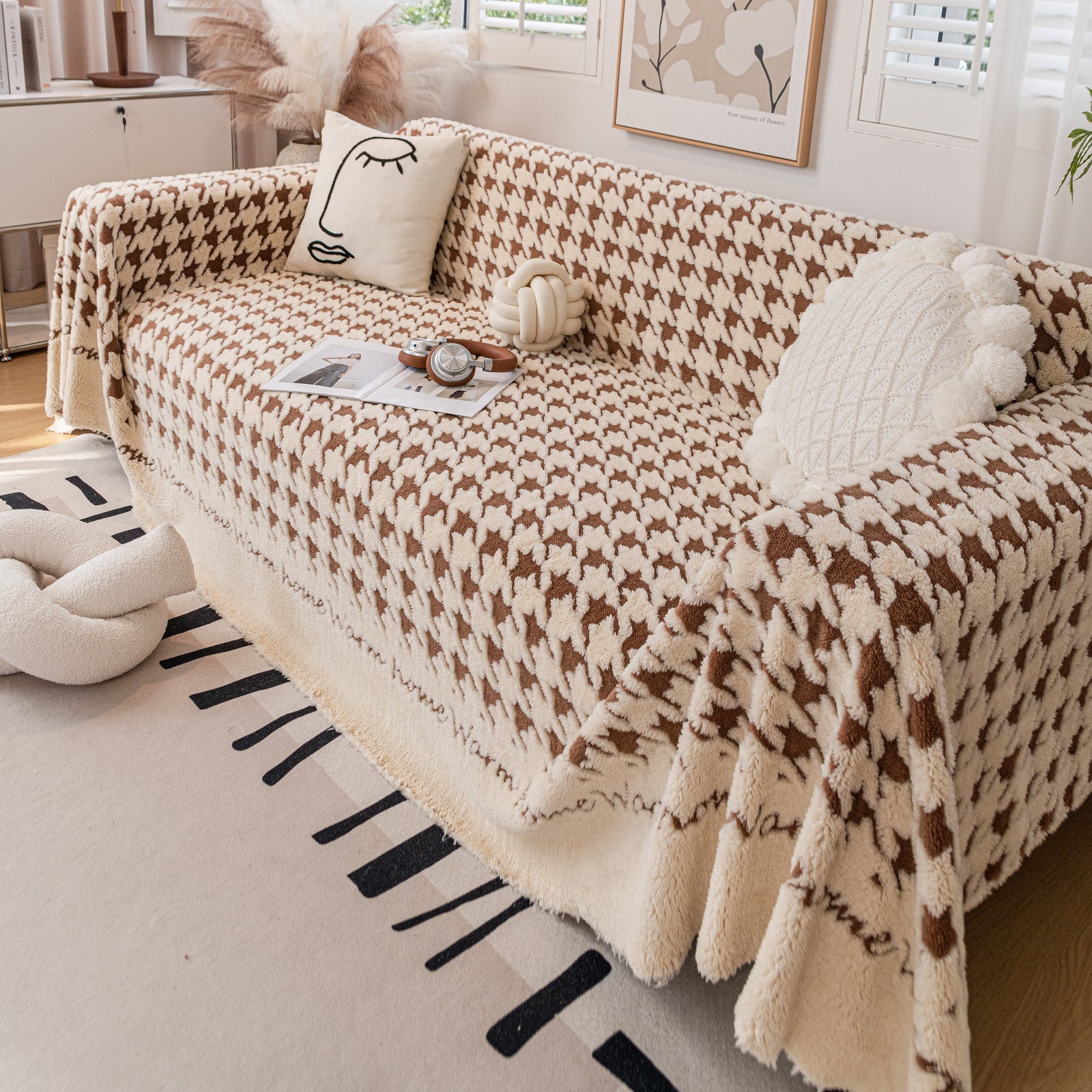 Jacquard Plush Houndstooth Sofa Throw Cover, Cover Throws for Sofas, Stylish Living Room Throws