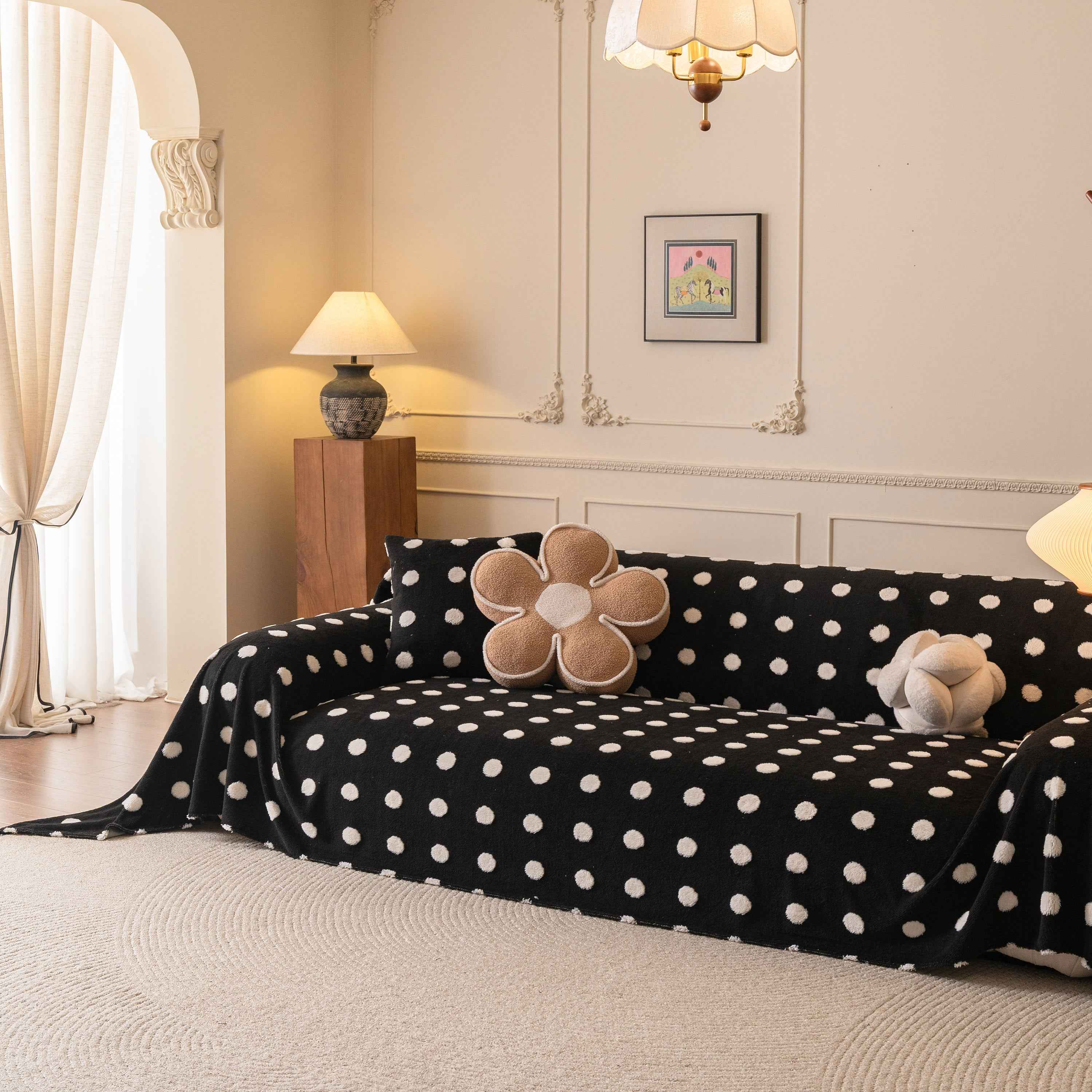 Plush Fleece Sofa Cover Throw, Soft Textured Polka Dot Couch Protector Blanket for Pets