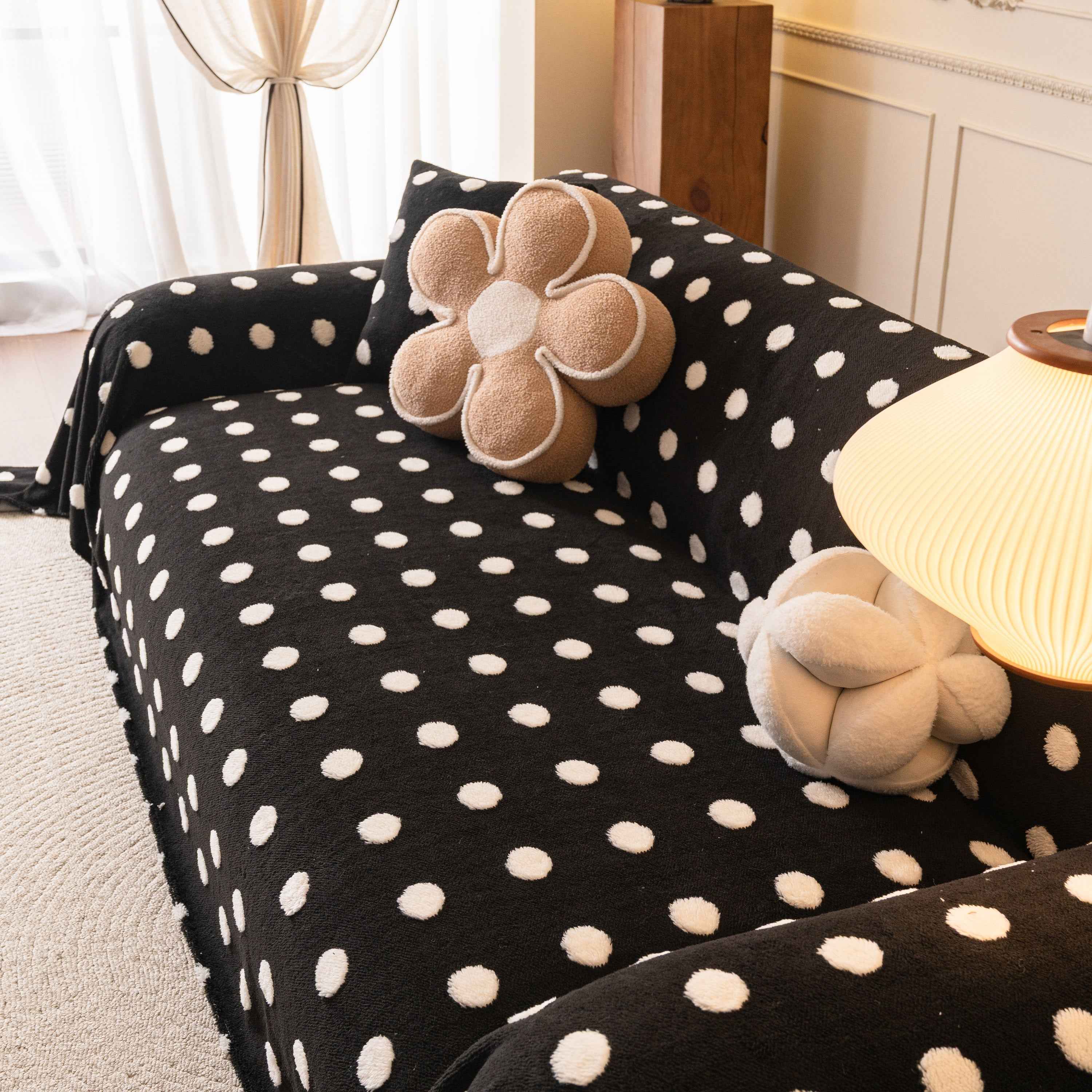 Plush Fleece Sofa Cover Throw, Soft Textured Polka Dot Couch Protector Blanket for Pets