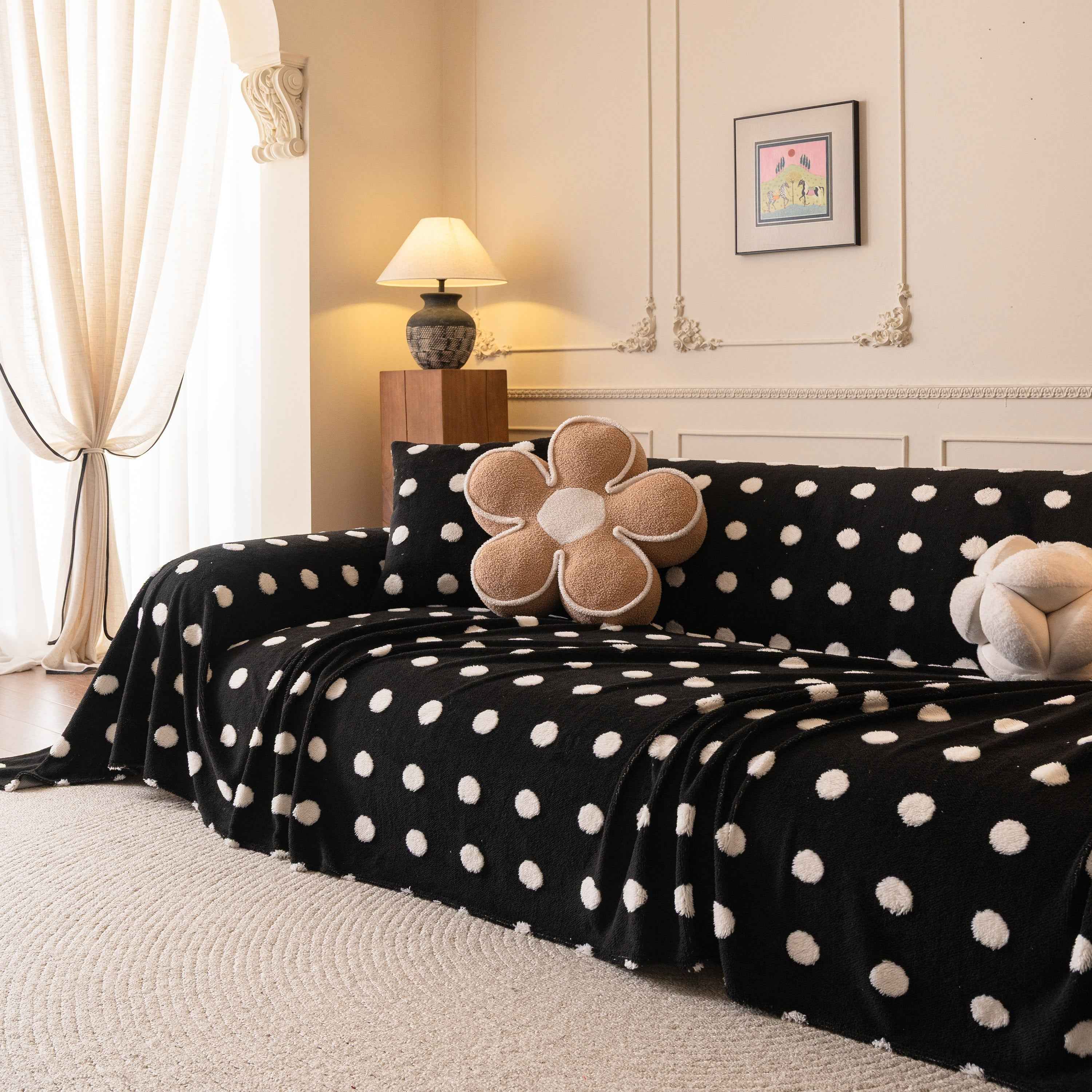 Plush Fleece Sofa Cover Throw, Soft Textured Polka Dot Couch Protector Blanket for Pets