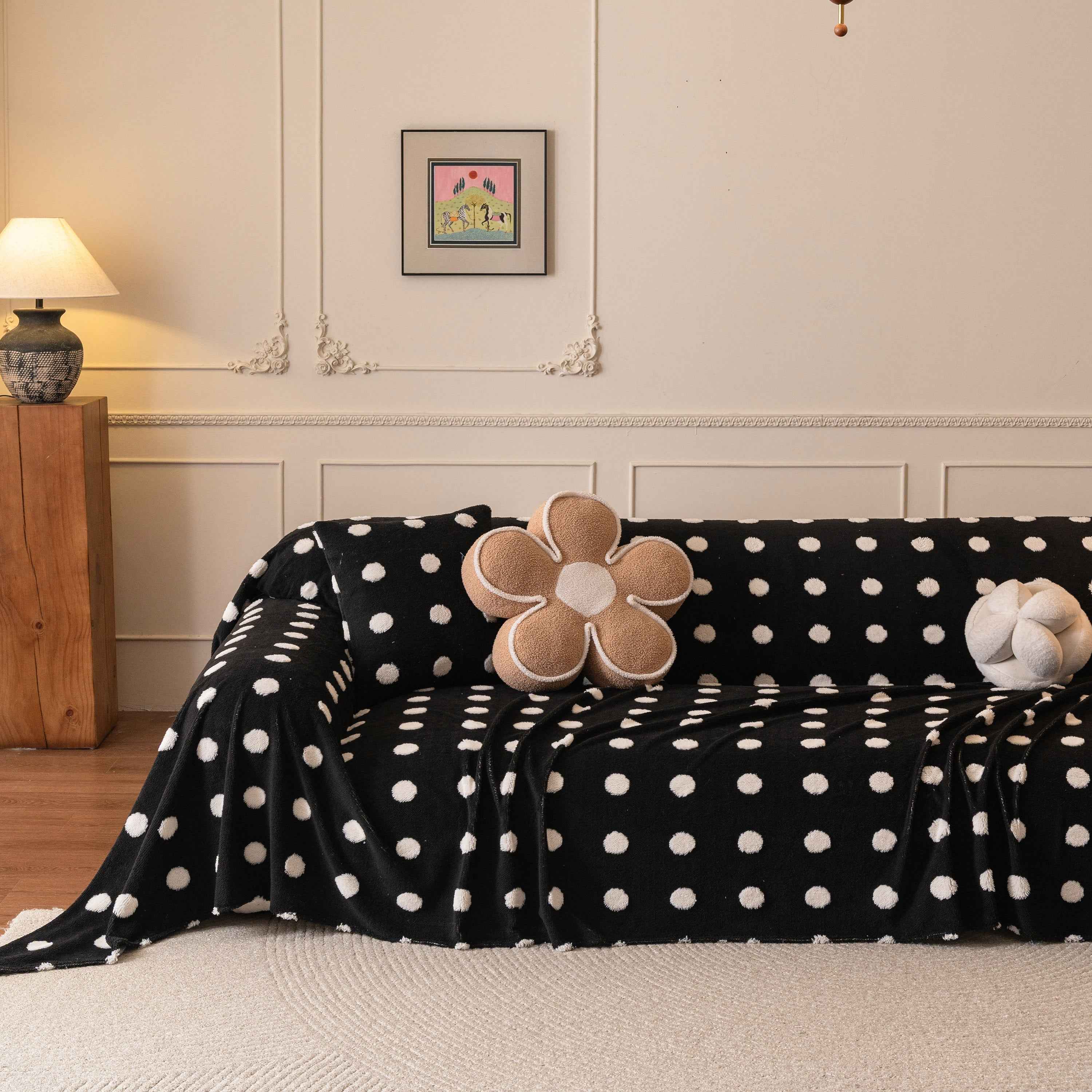 Plush Fleece Sofa Cover Throw, Soft Textured Polka Dot Couch Protector Blanket for Pets