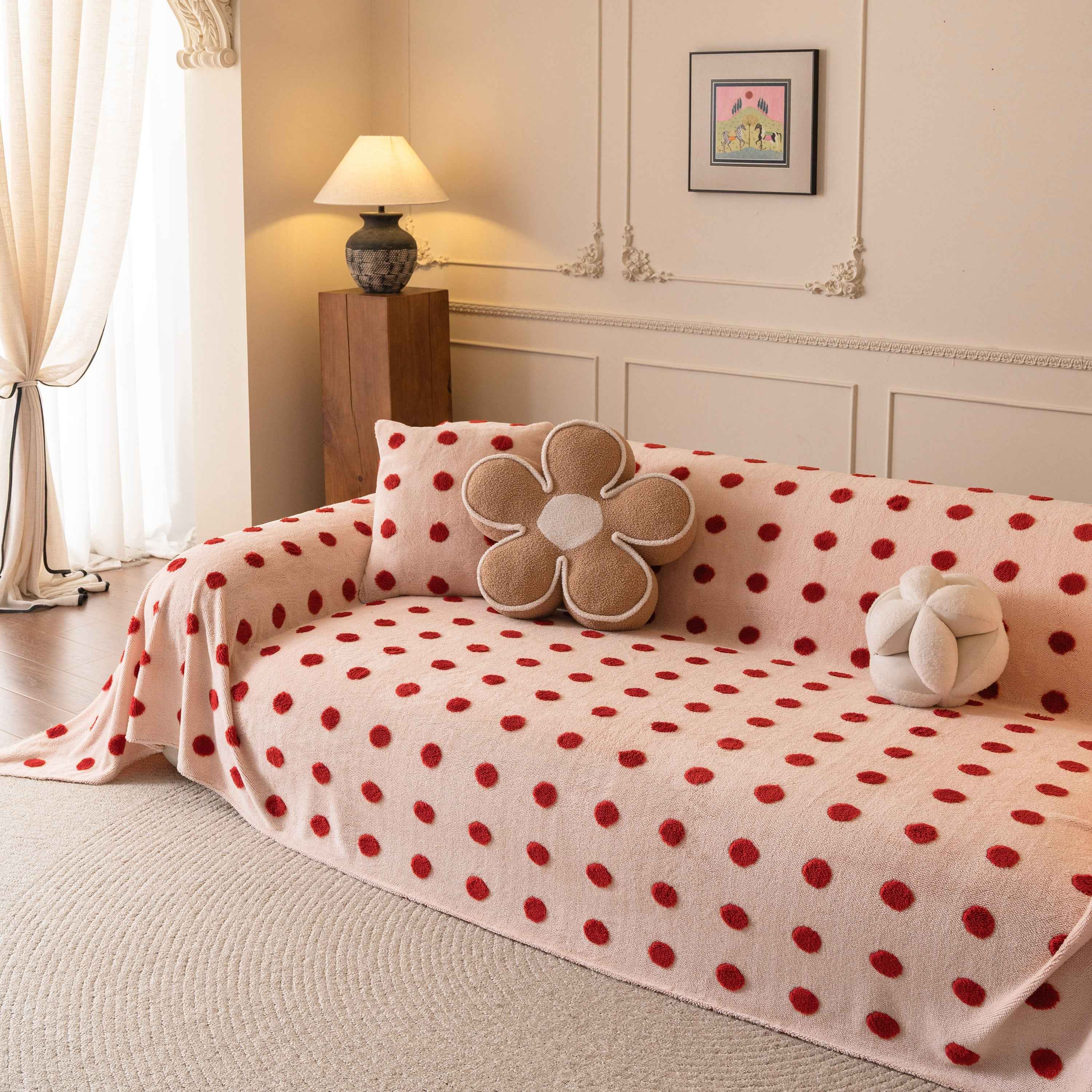Plush Fleece Sofa Cover Throw, Soft Textured Polka Dot Couch Protector Blanket for Pets