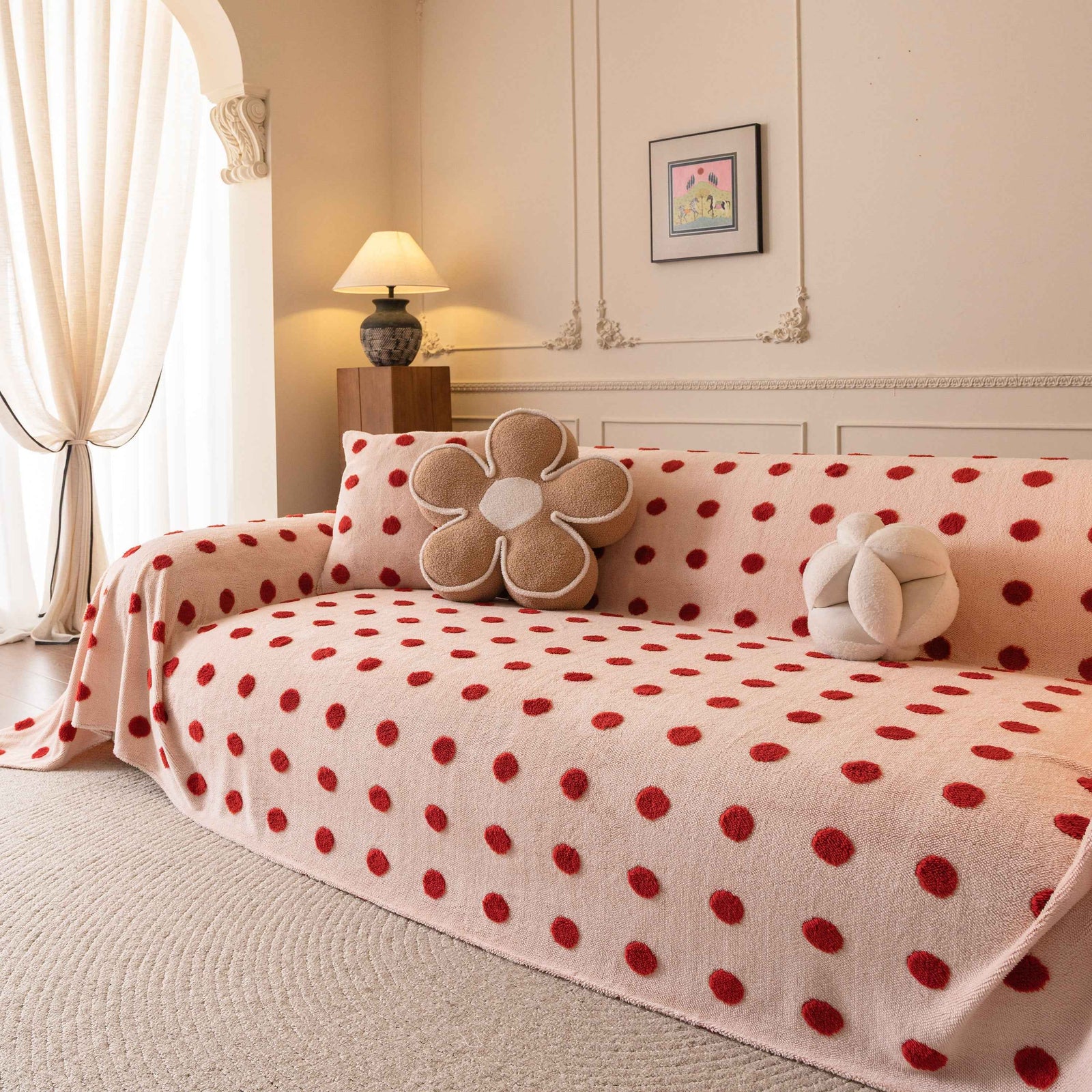 Plush Fleece Sofa Cover Throw, Soft Textured Polka Dot Couch Protector Blanket for Pets