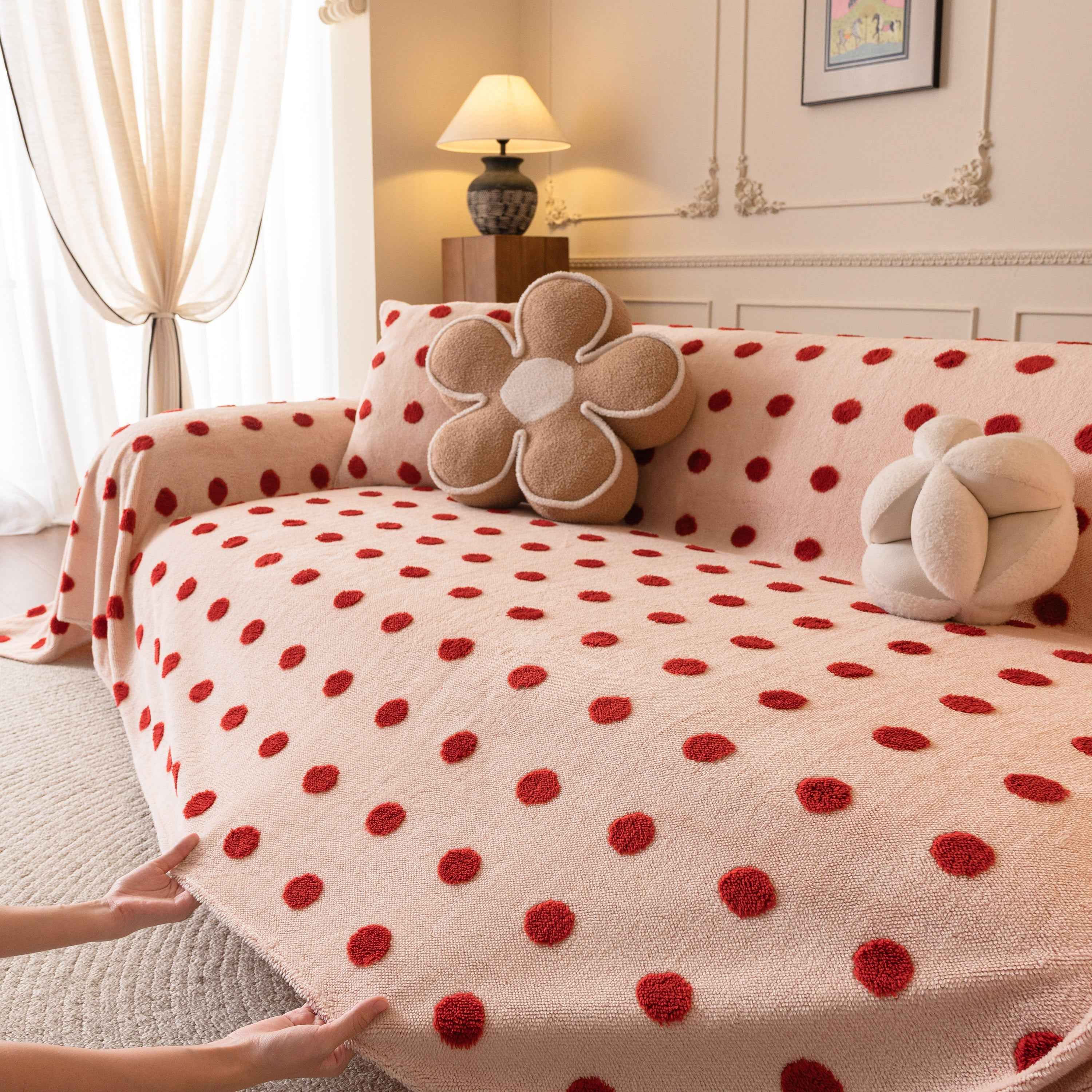Plush Fleece Sofa Cover Throw, Soft Textured Polka Dot Couch Protector Blanket for Pets