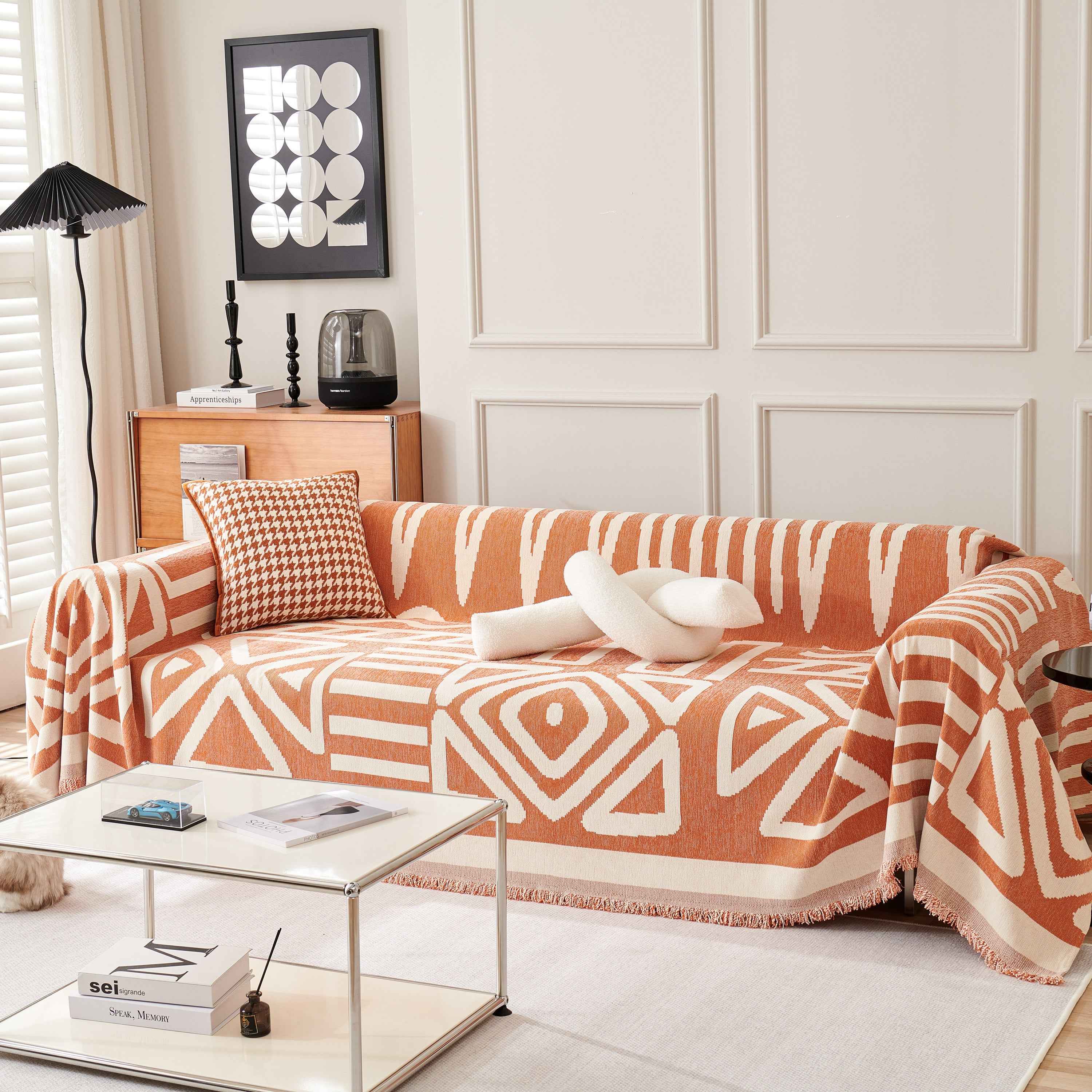 Chenille Geometric Sofa Throw Blanket, Boho Washable Furniture Throw Covers for Sofa