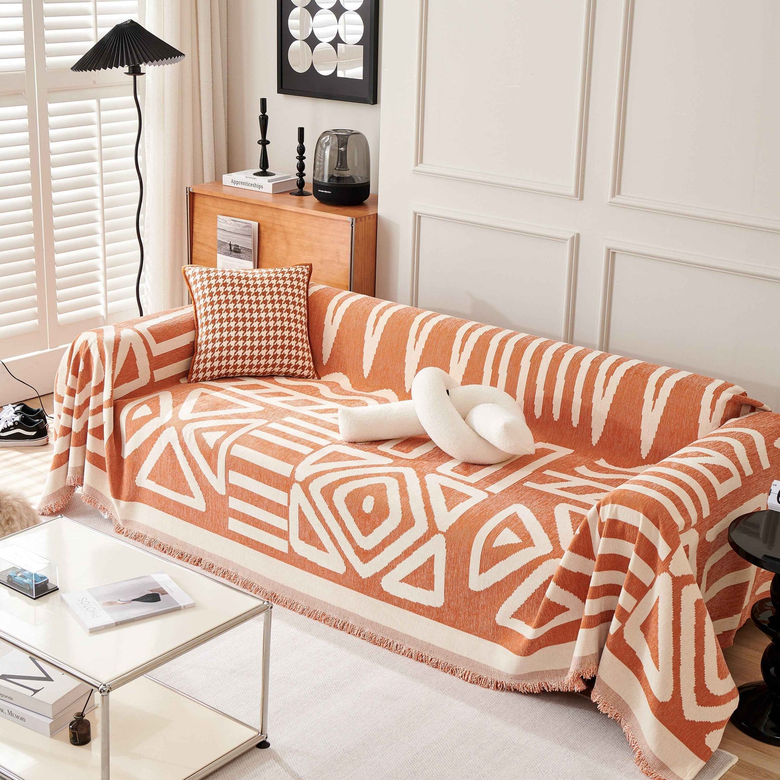Chenille Geometric Sofa Throw Blanket, Boho Washable Furniture Throw Covers for Sofa