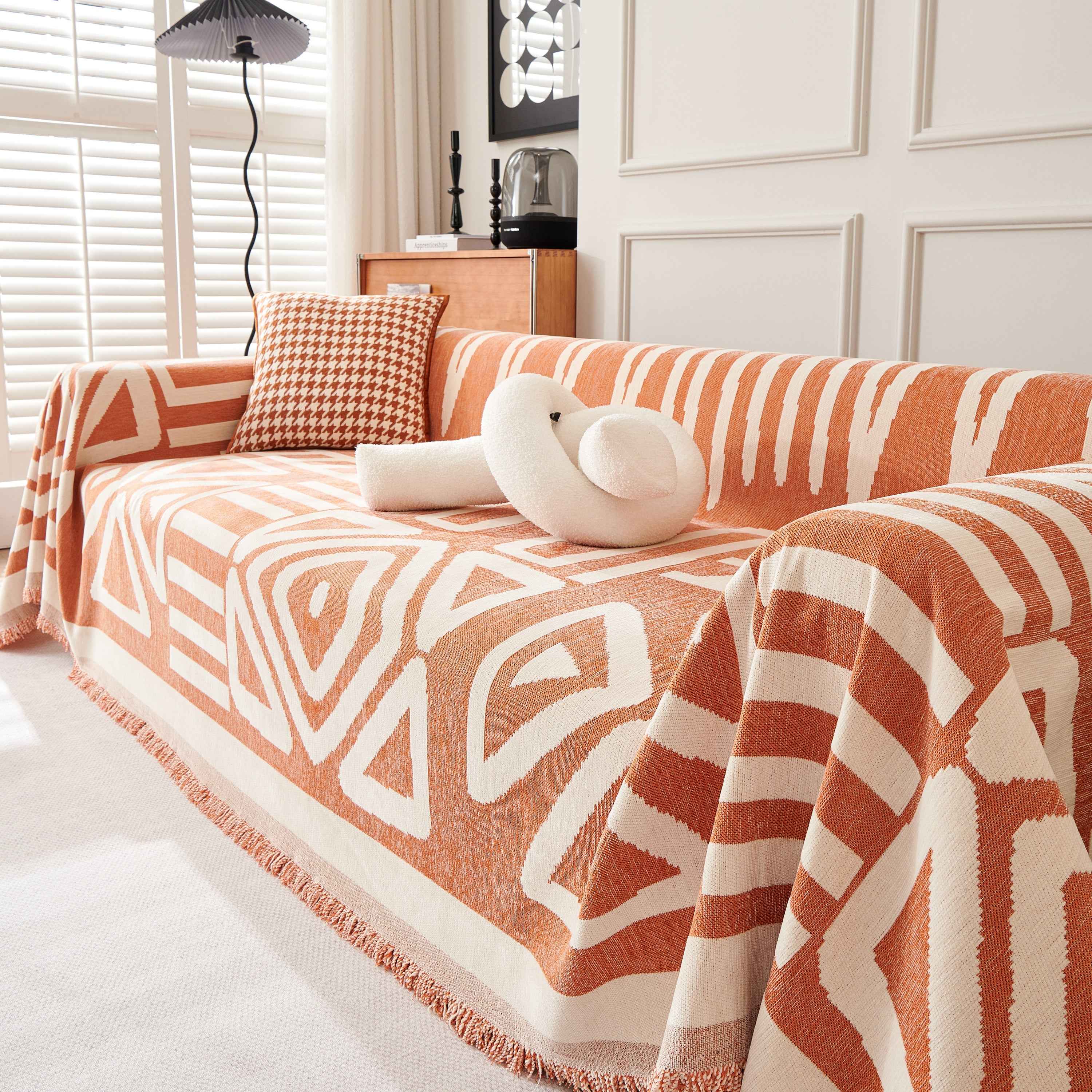 Chenille Geometric Sofa Throw Blanket, Boho Washable Furniture Throw Covers for Sofa