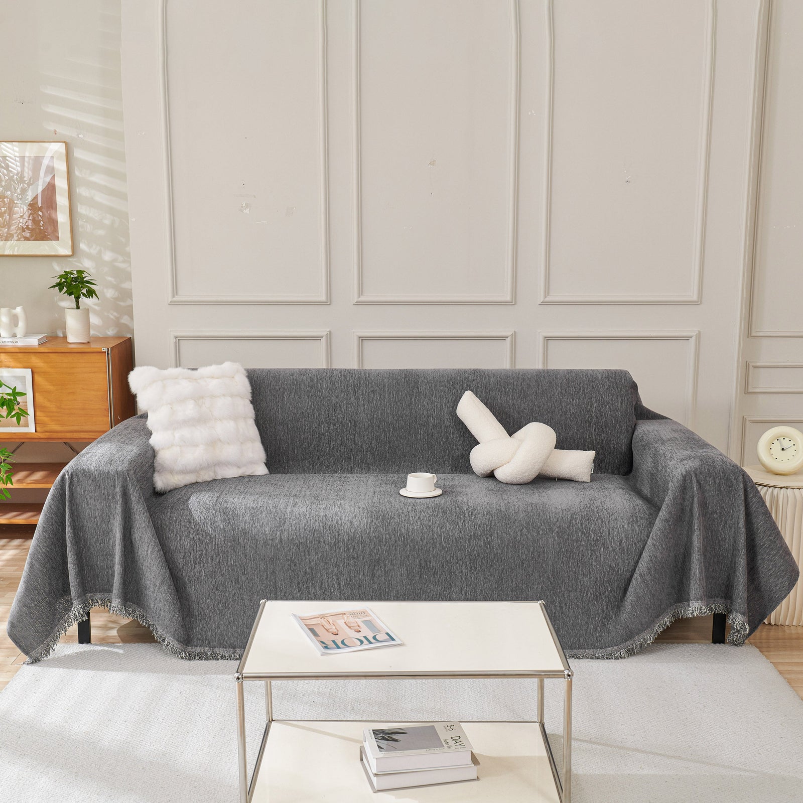 Solid Color Chenille Sofa Throw Blanket, Cozy & Easy Care Fringed Furniture Protector