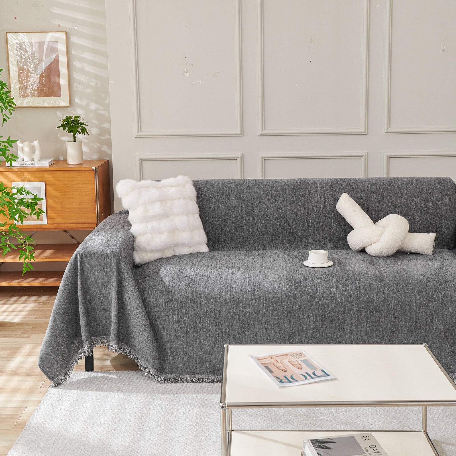 Solid Color Chenille Sofa Throw Blanket, Cozy & Easy Care Fringed Furniture Protector