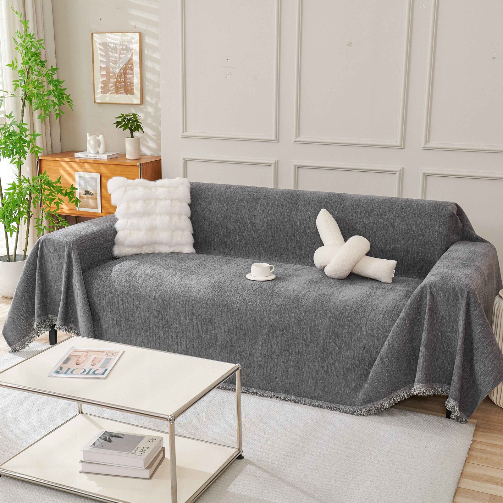 Solid Color Chenille Sofa Throw Blanket, Cozy & Easy Care Fringed Furniture Protector