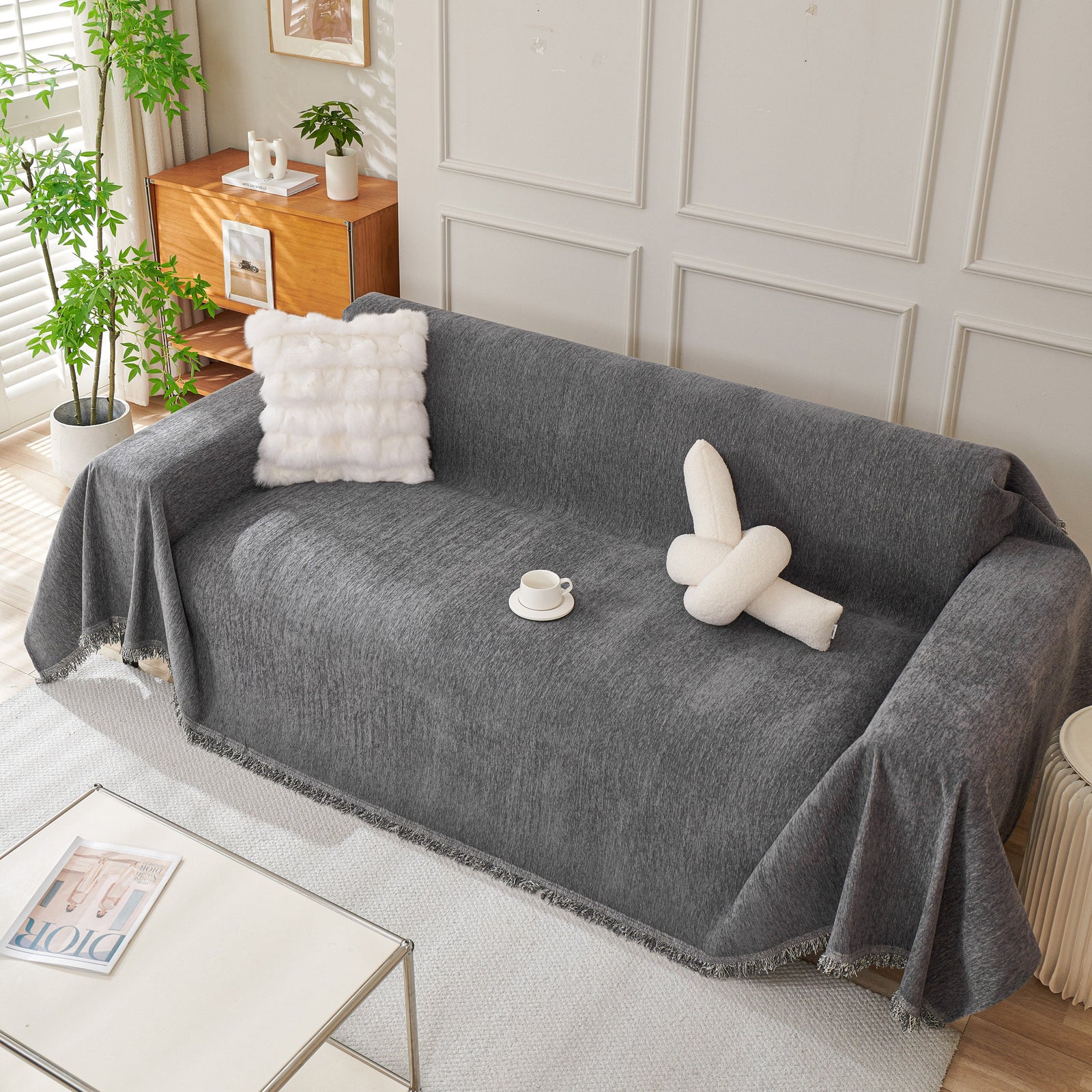 Solid Color Chenille Sofa Throw Blanket, Cozy & Easy Care Fringed Furniture Protector