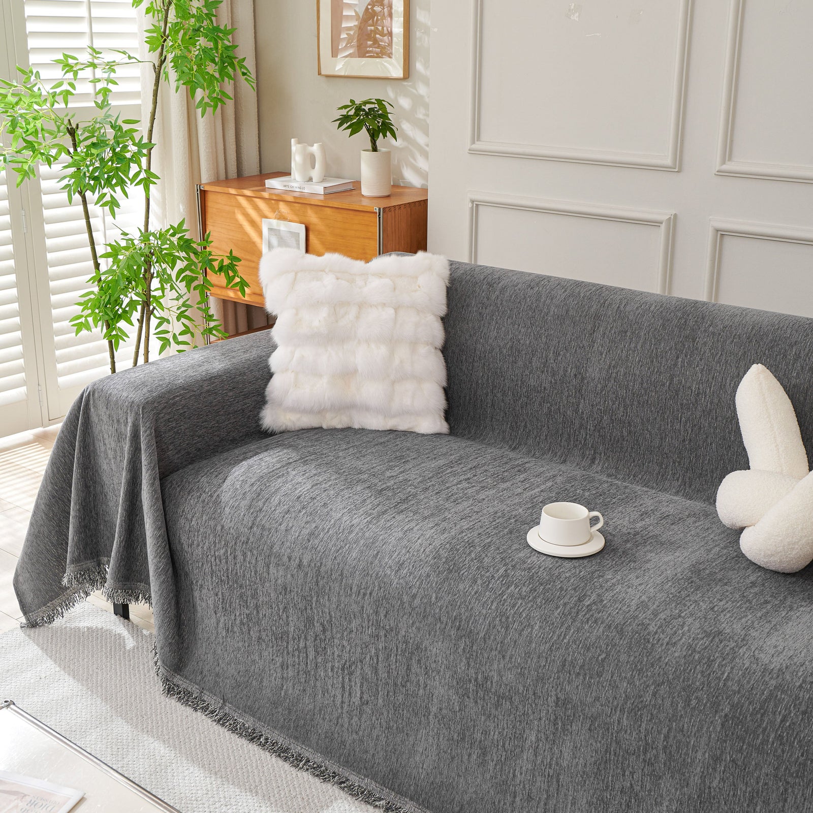 Solid Color Chenille Sofa Throw Blanket, Cozy & Easy Care Fringed Furniture Protector