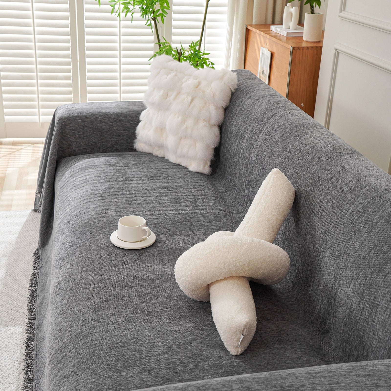 Solid Color Chenille Sofa Throw Blanket, Cozy & Easy Care Fringed Furniture Protector