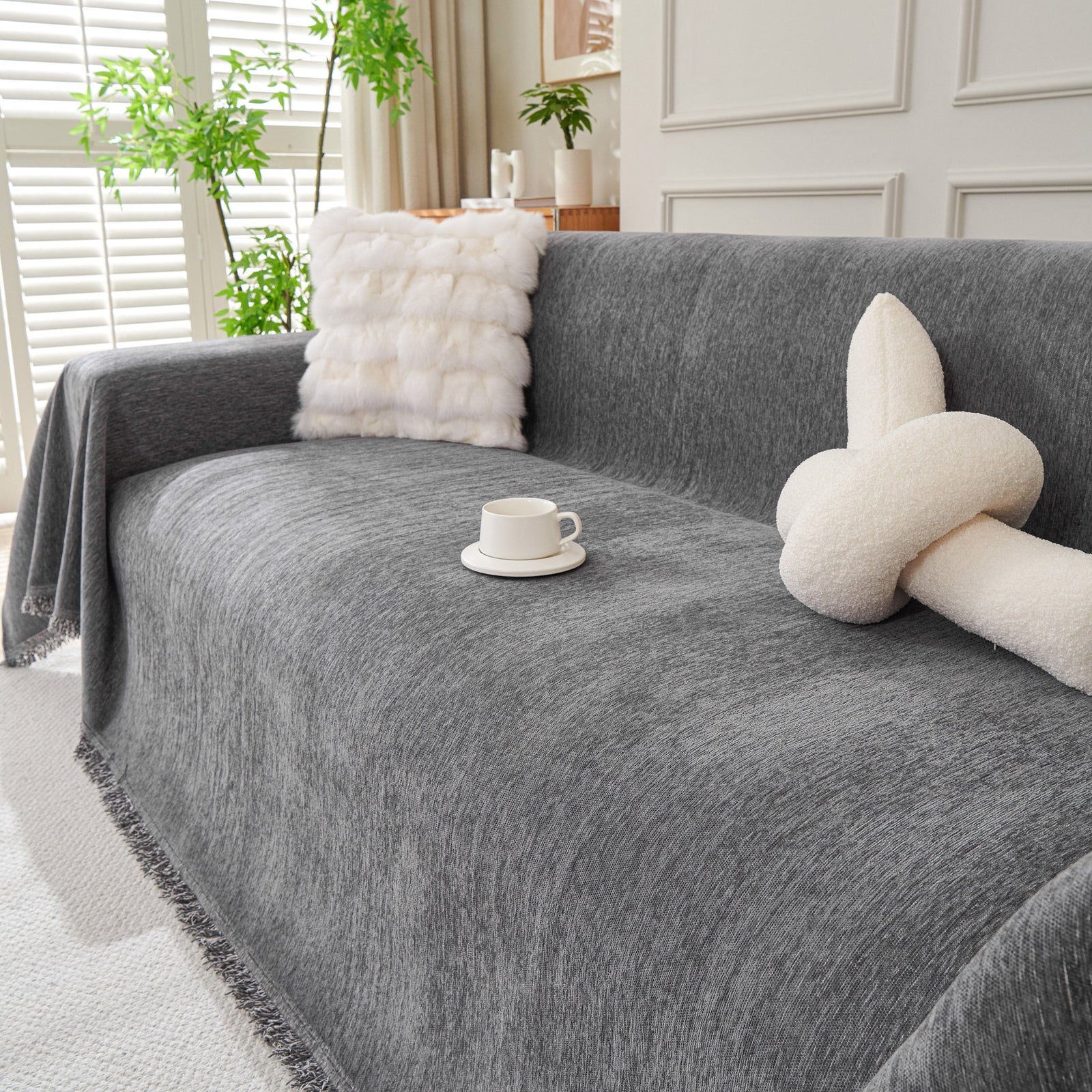 Solid Color Chenille Sofa Throw Blanket, Cozy & Easy Care Fringed Furniture Protector