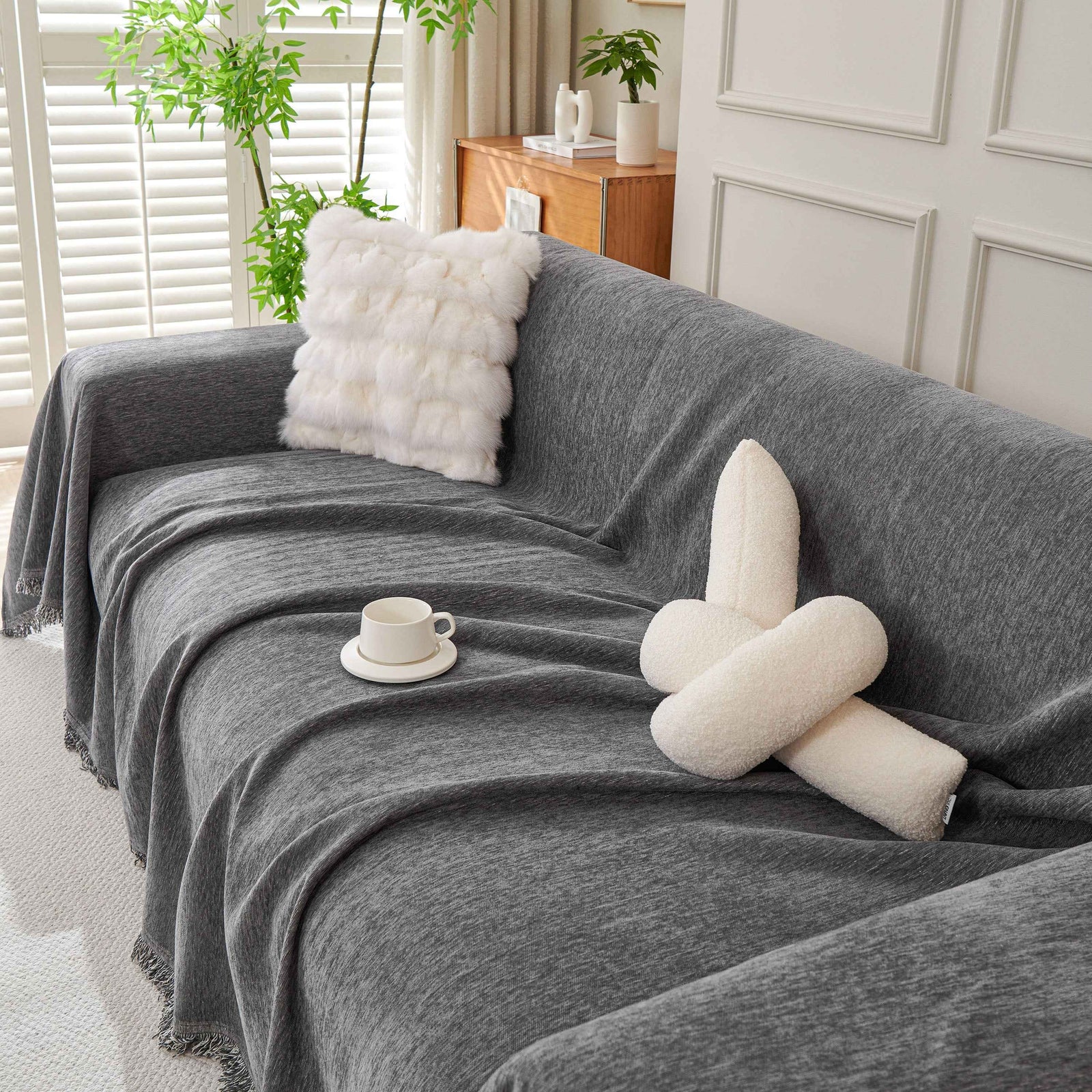 Solid Color Chenille Sofa Throw Blanket, Cozy & Easy Care Fringed Furniture Protector