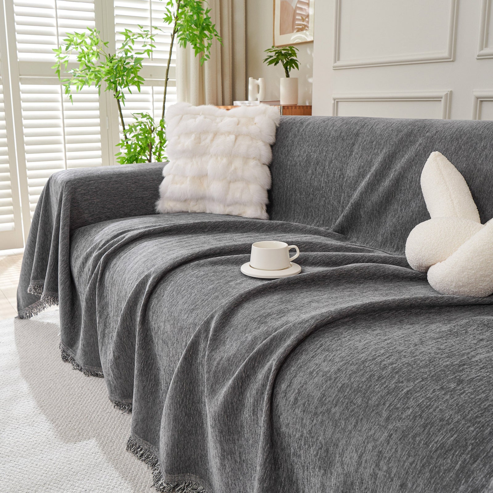 Solid Color Chenille Sofa Throw Blanket, Cozy & Easy Care Fringed Furniture Protector