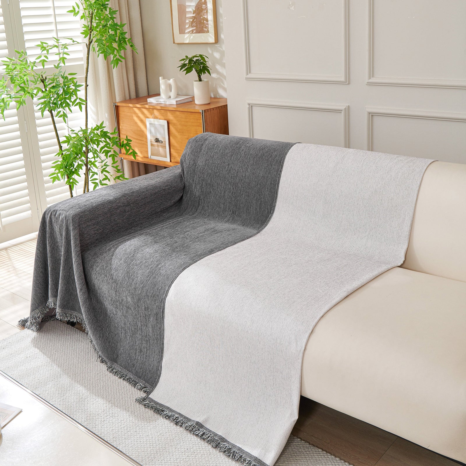 Solid Color Chenille Sofa Throw Blanket, Cozy & Easy Care Fringed Furniture Protector